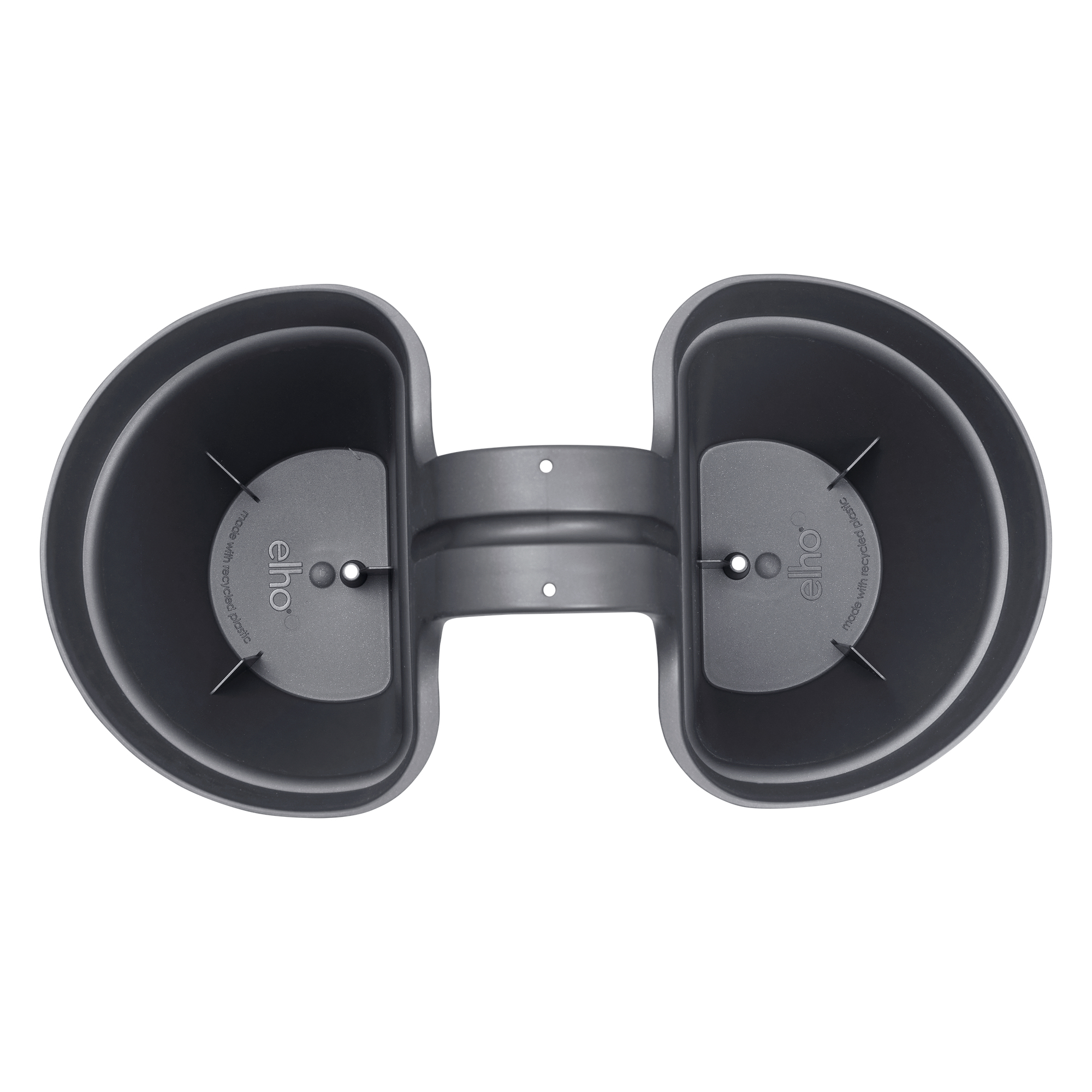 Połączona donica w kolorze ciemnoszarym, od spodu, na białym tle.