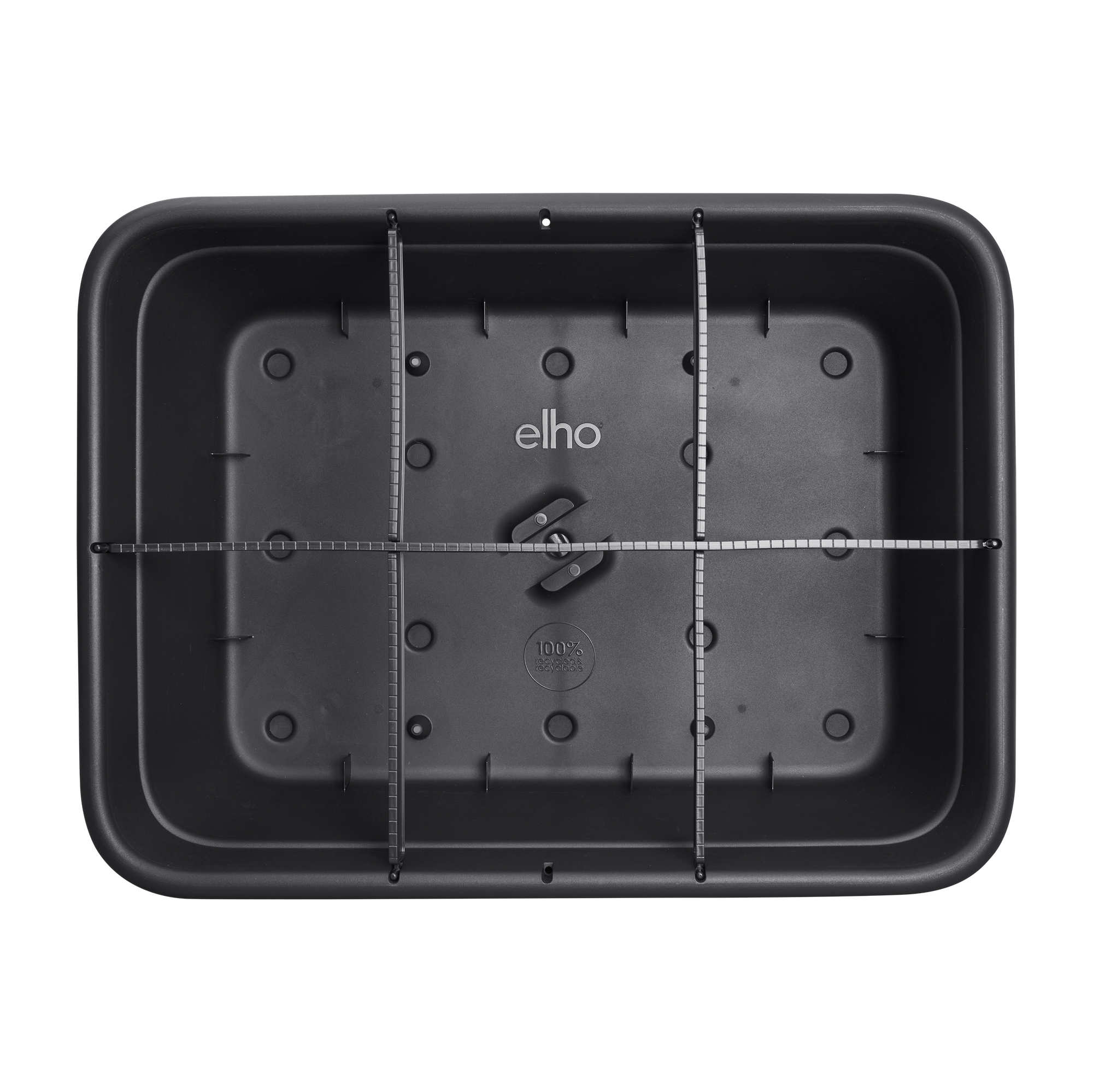 Widok z góry na czarny prostokątny pojemnik na rośliny z drucianą kratką w środku. Widoczne logo Elho.