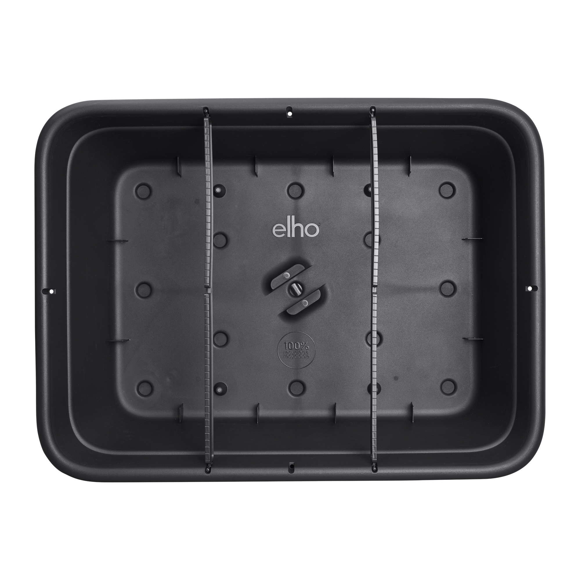 Widok z góry na czarną donicę z drucianą kratką. Widoczne logo Elho. Donica pusta.