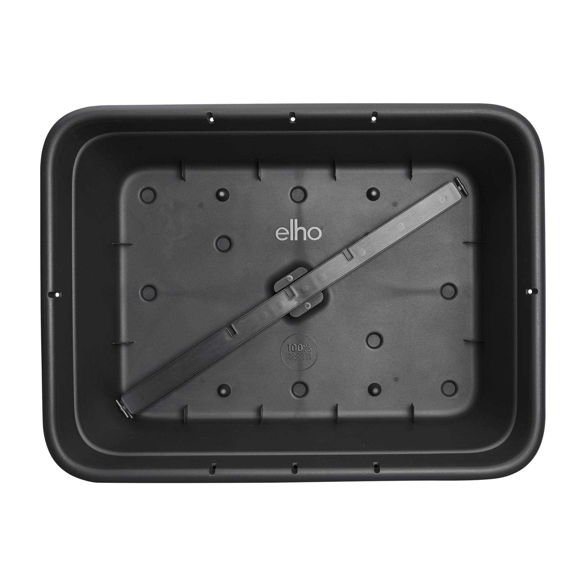 Widok z góry na czarną donicę z plastikową przegrodą. Widoczne logo Elho. Donica pusta.