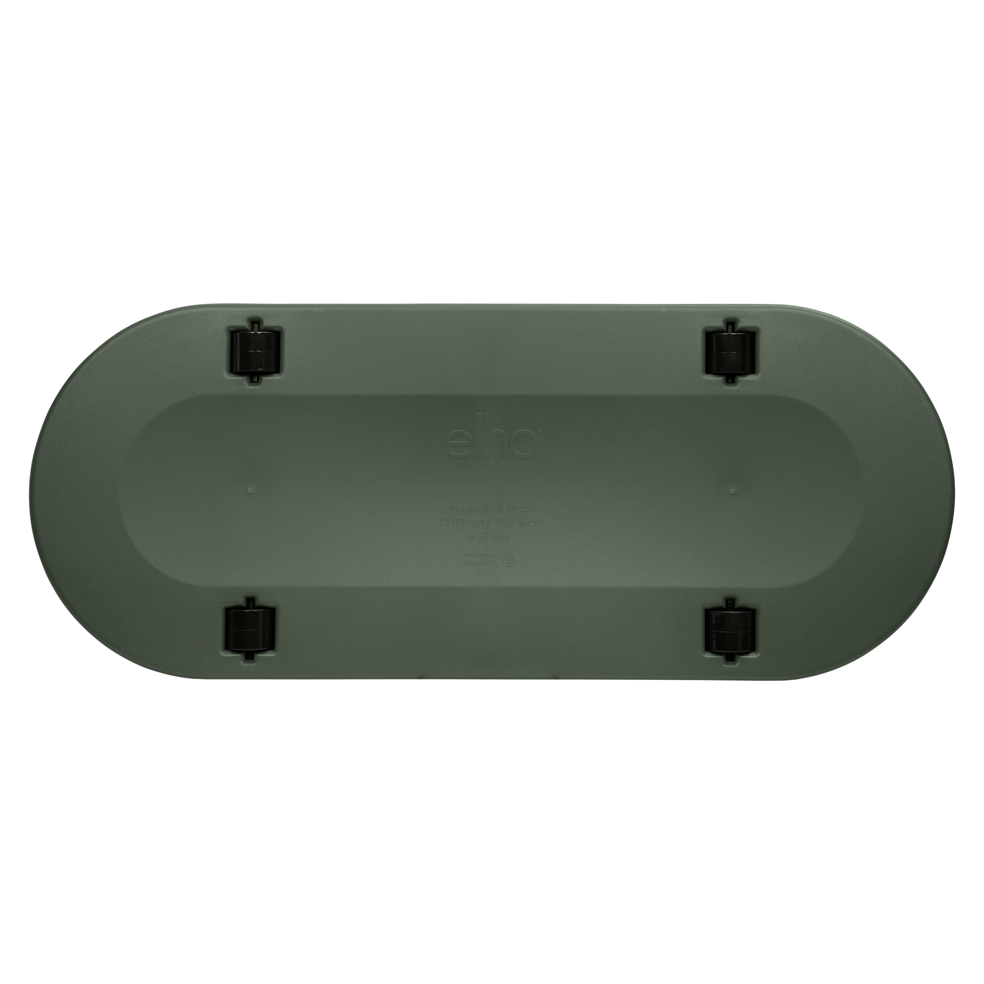 Widok od spodu ciemnozielonej owalnej donicy z kółkami. Białe tło.