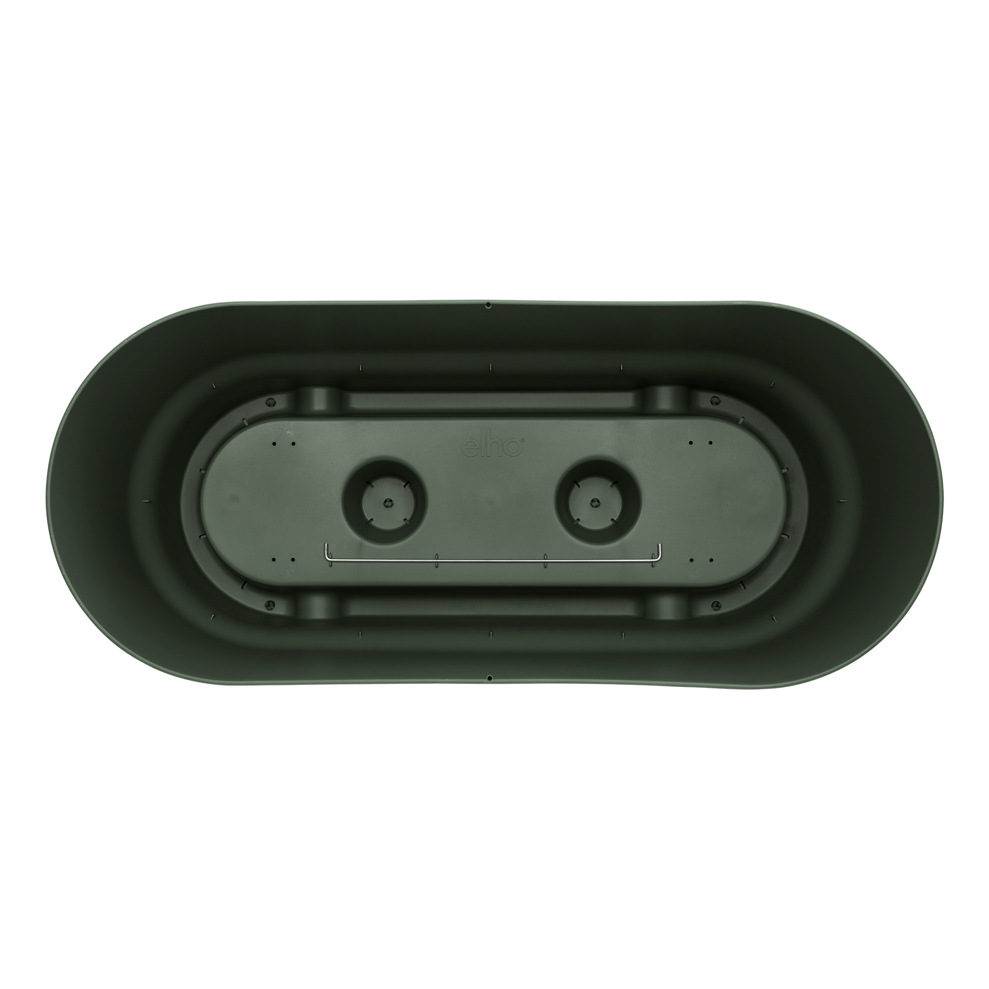 Widok z góry na pustą zieloną owalną donicę Elho. Donica ma dwa podwyższone sekcje wewnątrz.