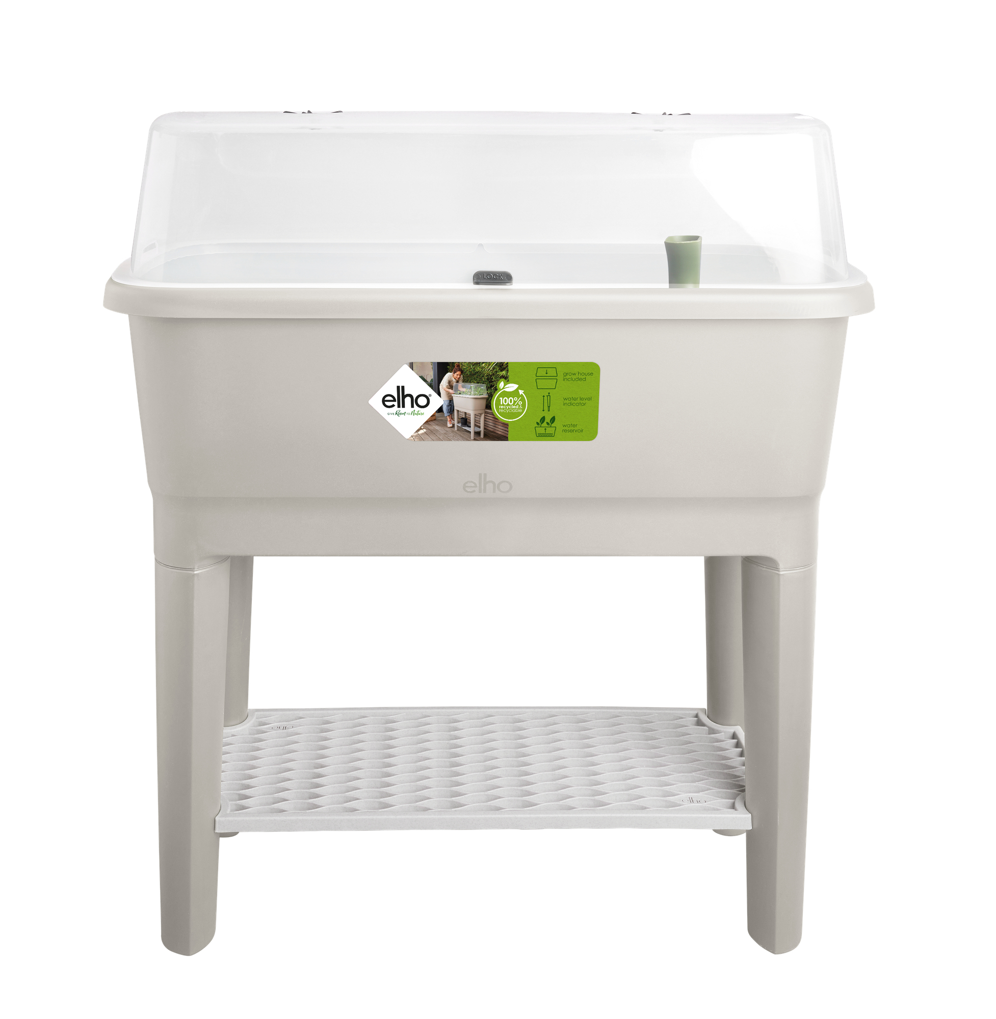 Beżowa stacja do przesadzania z przezroczystą pokrywą, etykiety, białe tło.