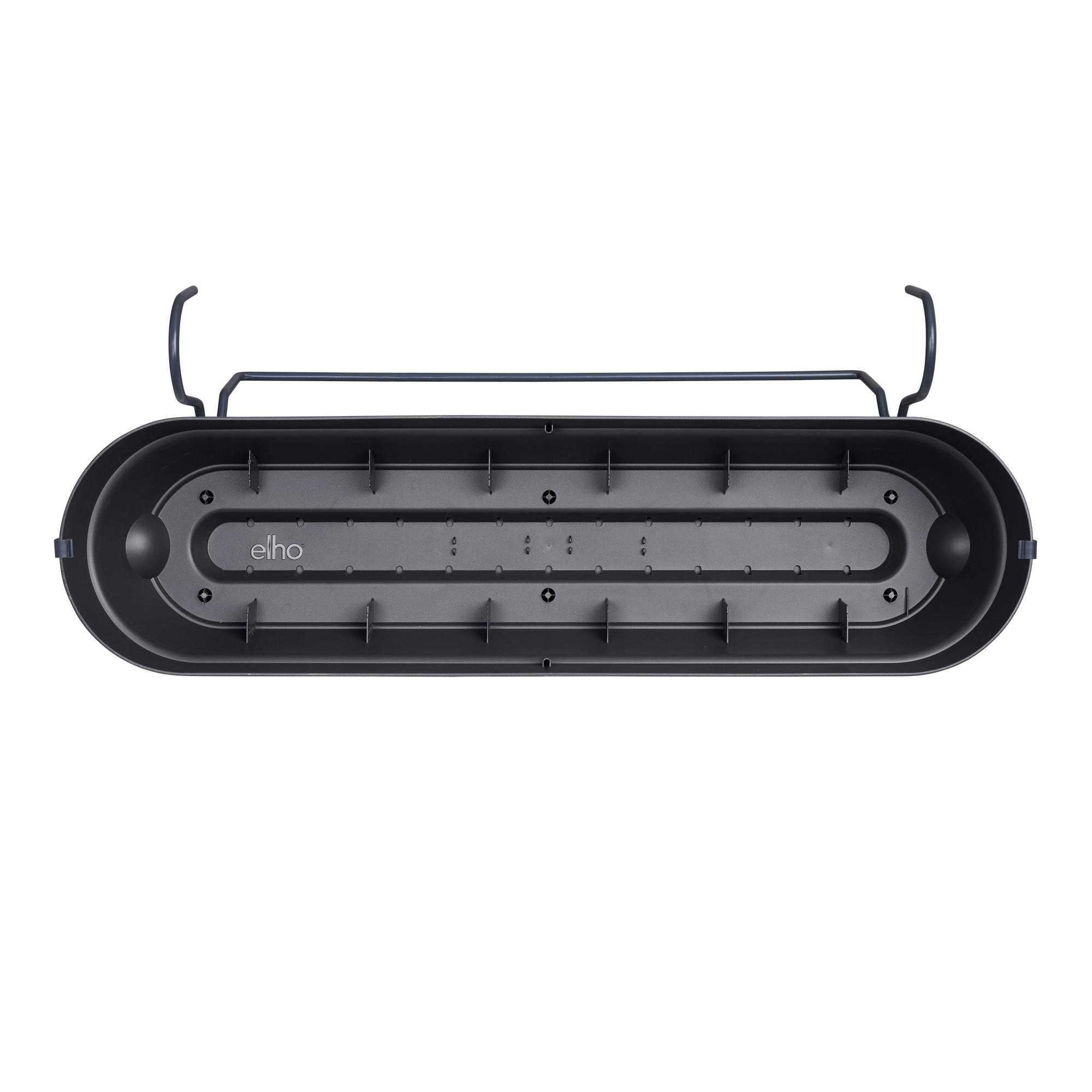 Widok od dołu szarej donicy z logo Elho.