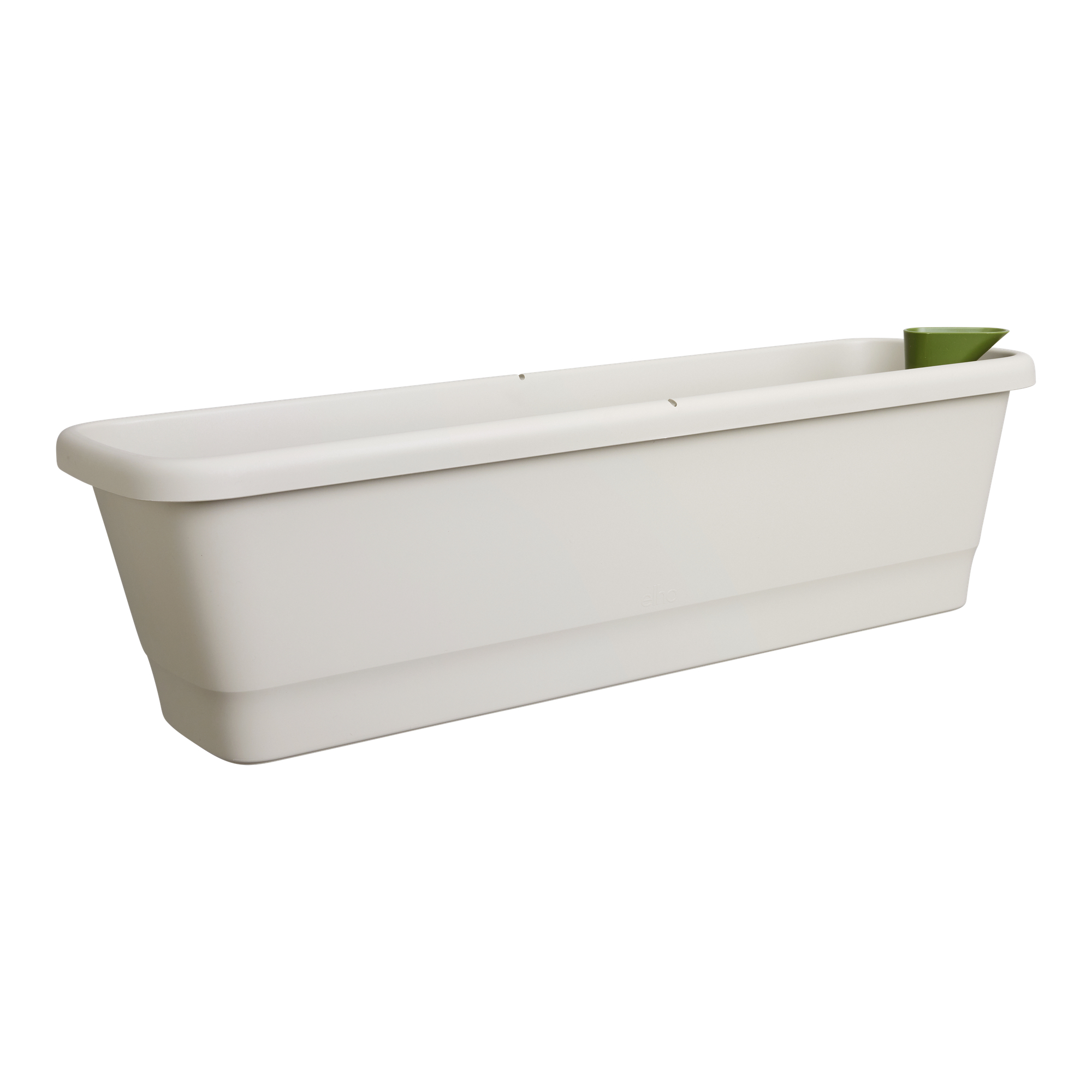 Biała długa donica z zielonym elementem po prawej stronie.