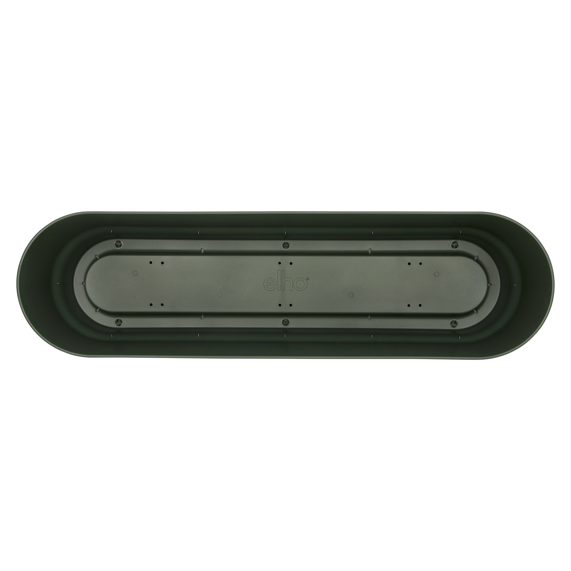 Spód zielonej, długiej donicy. Widoczne logo Elho. Białe tło.