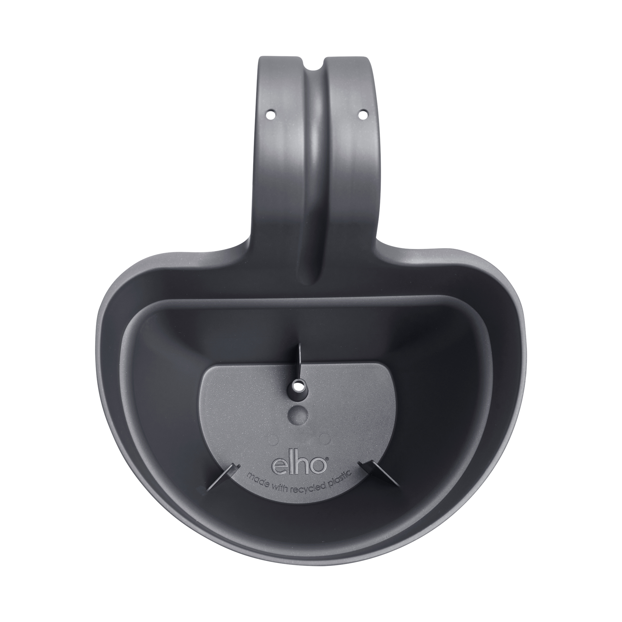 Szara wisząca donica z otworem do drenażu. Białe tło.