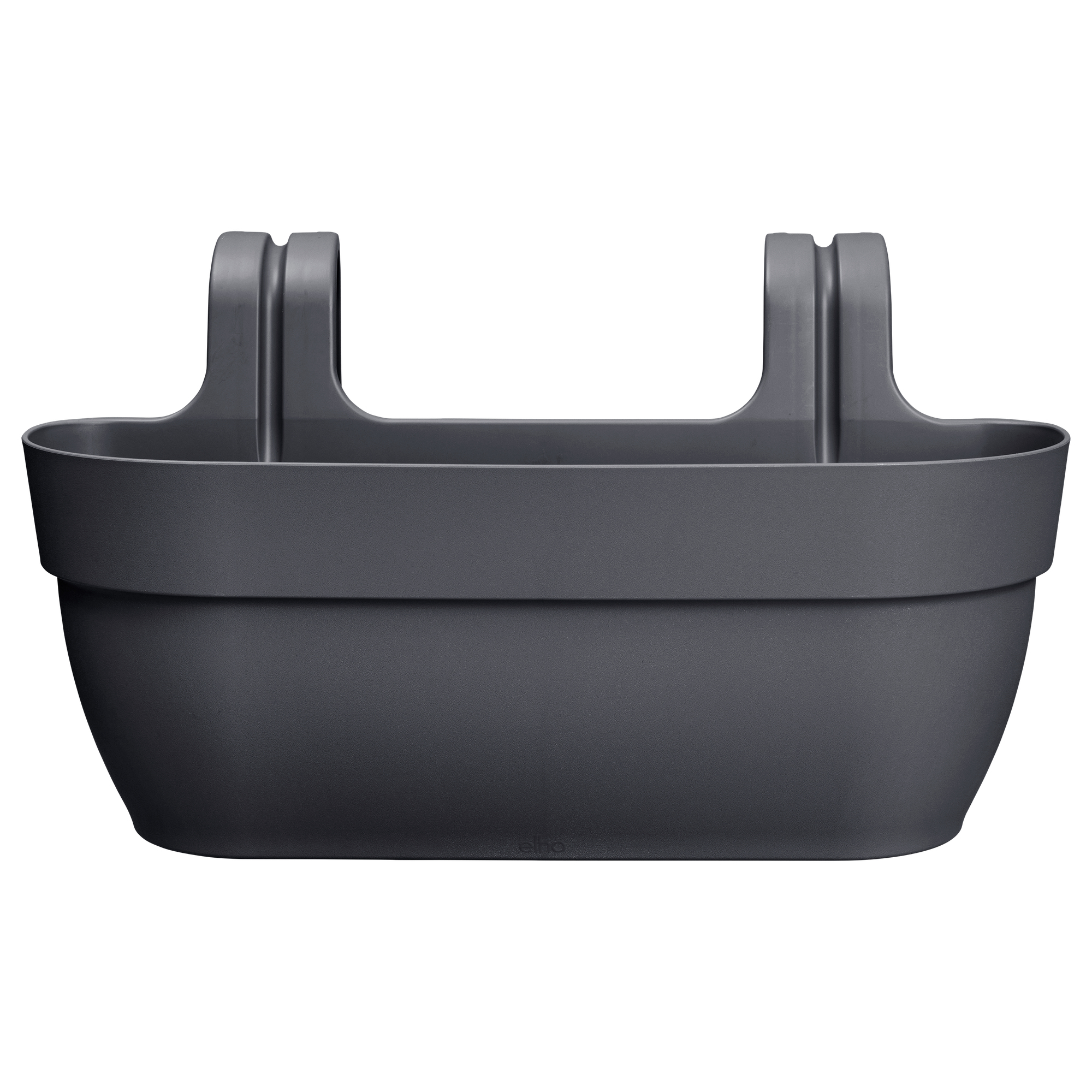 Ciemnoszara wisząca donica z dwoma haczykami na białym tle.