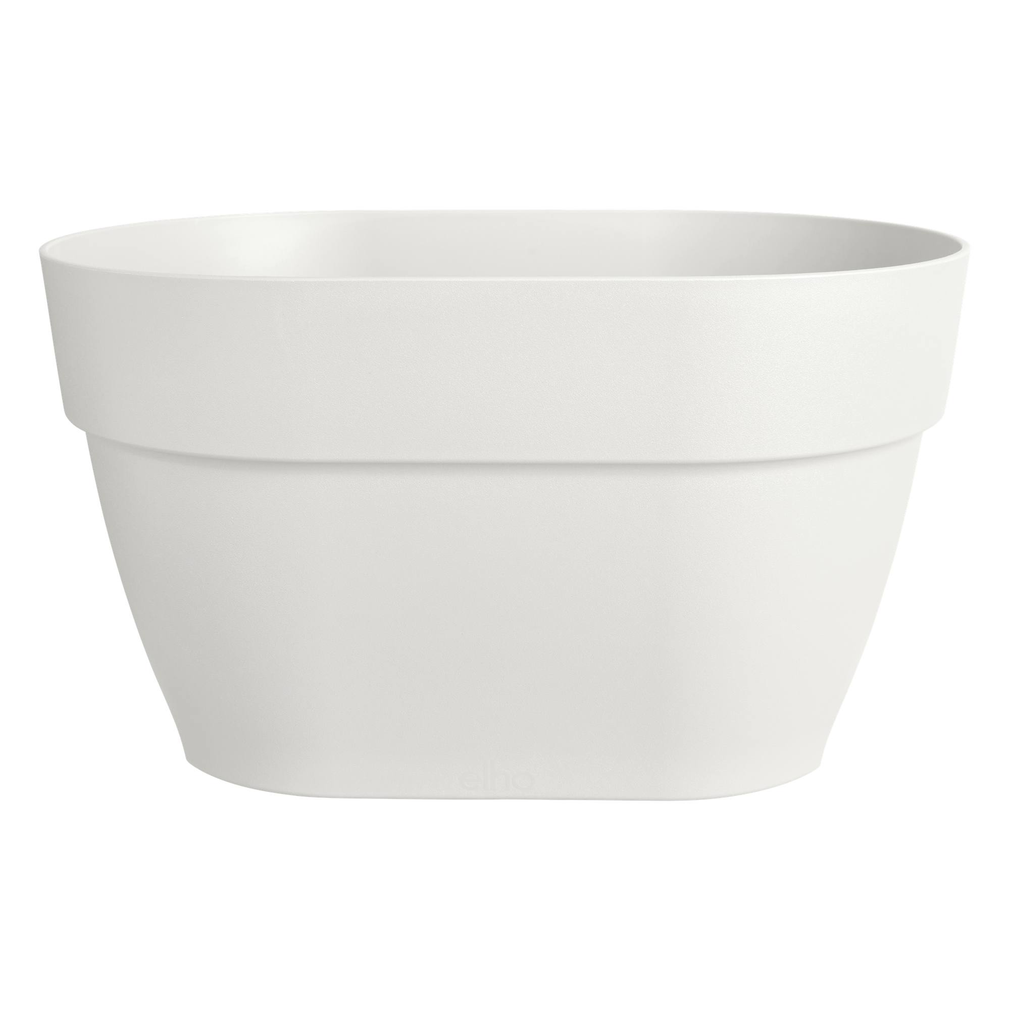 Biała, owalna donica na białym tle.