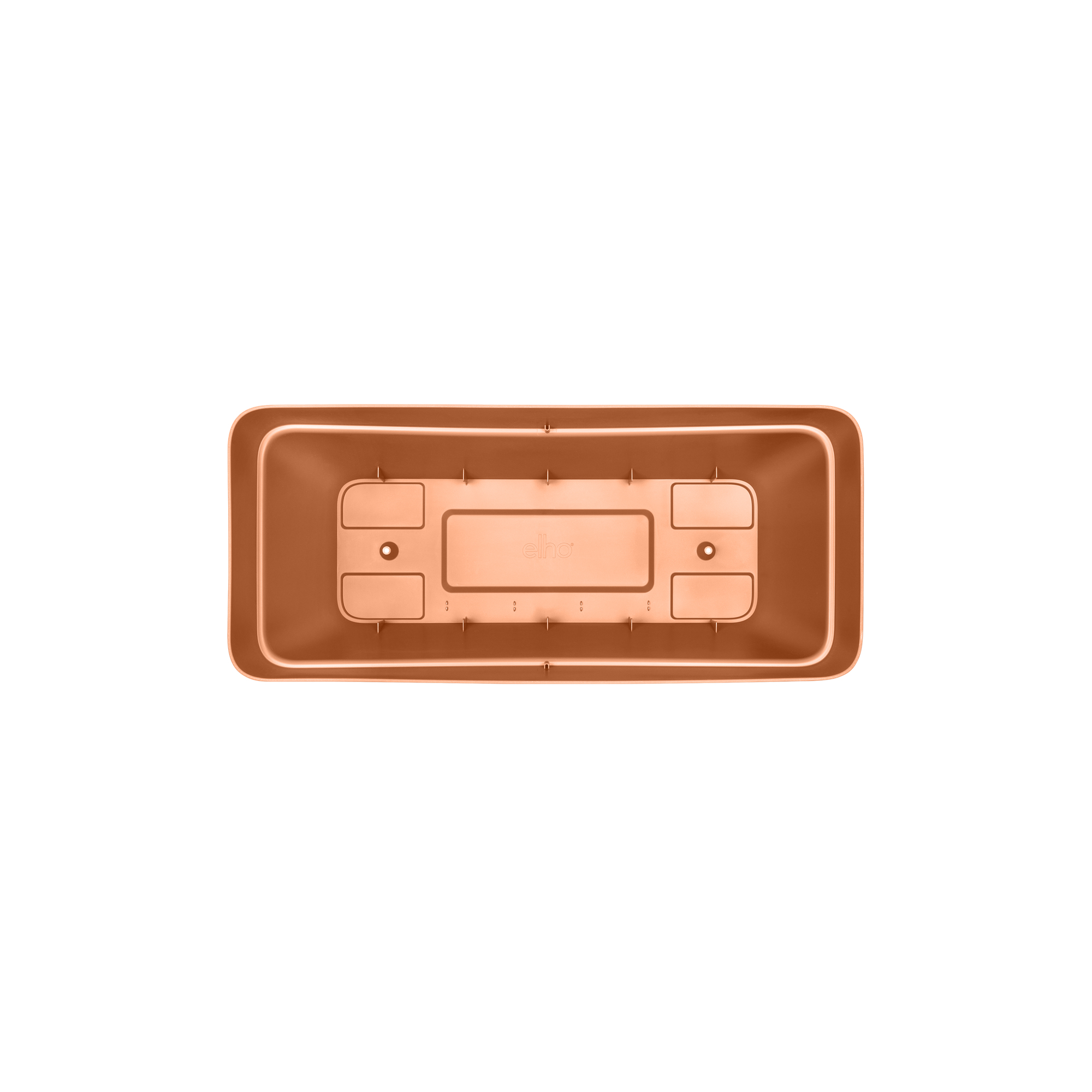 Widok z góry na donicę z terakoty, gładka powierzchnia, białe tło.