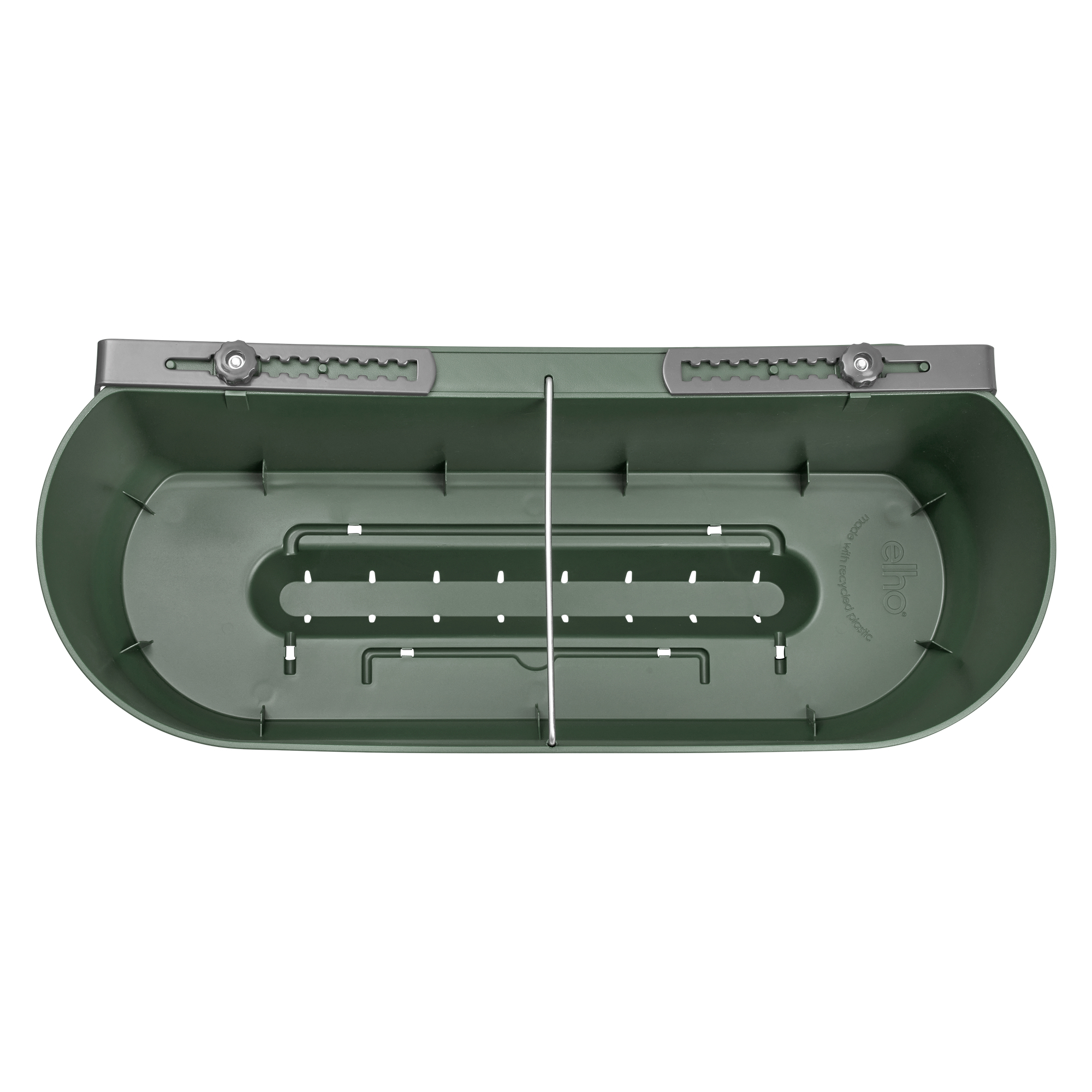 Widok od spodu zielonej podłużnej donicy, białe tło.