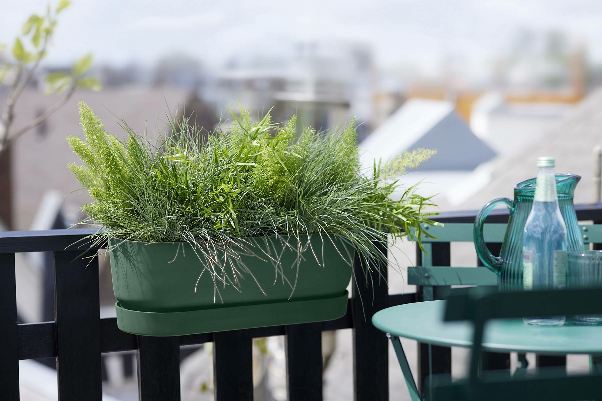 Scena na balkonie z zieloną donicą, roślinami i stołem z dzbanem wody.