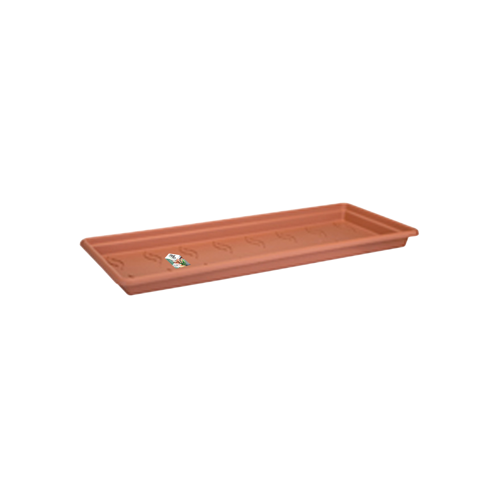 Bandeja rectangular terracota para plantas sobre fondo blanco, con agujeros.
