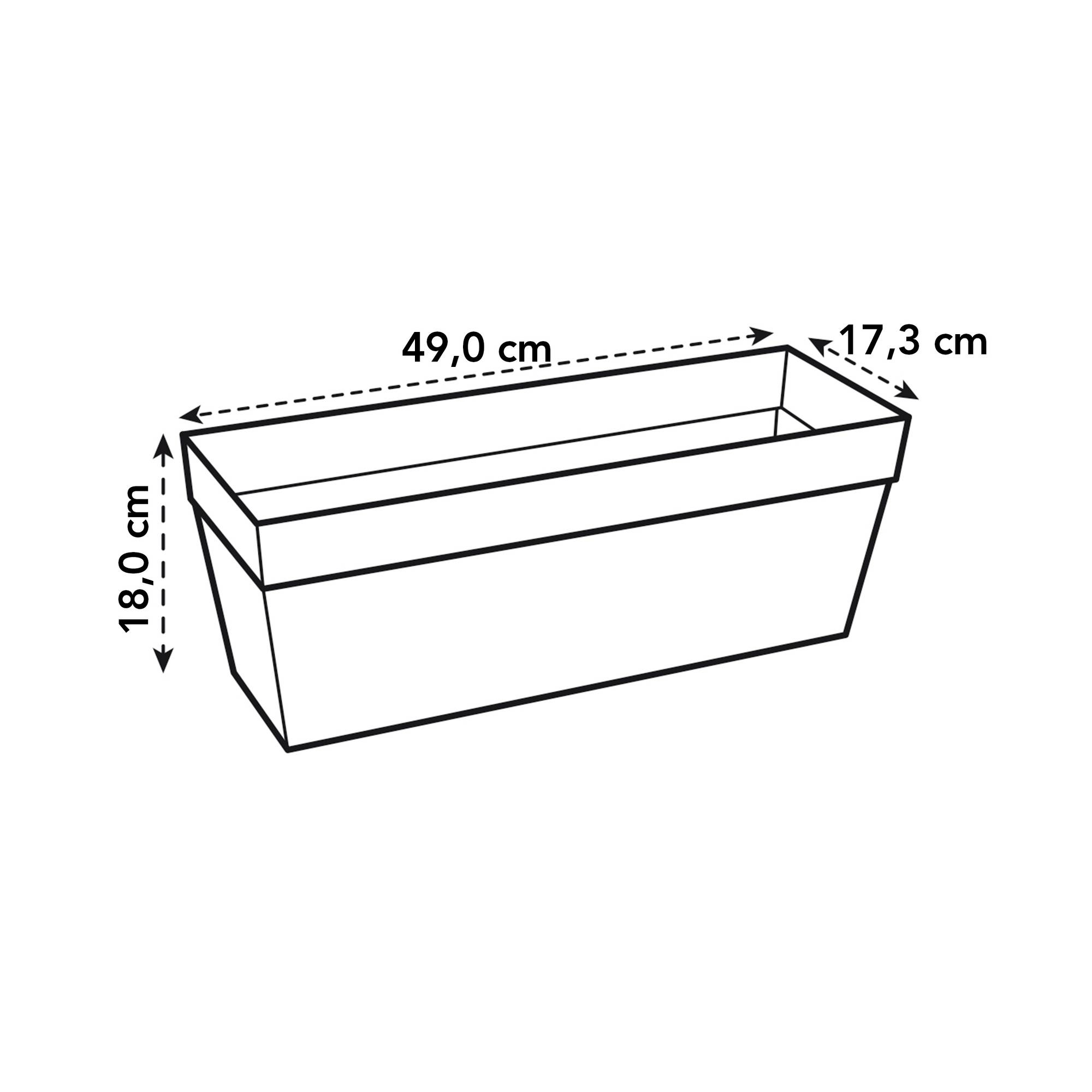 Schemat białej prostokątnej donicy z wymiarami.