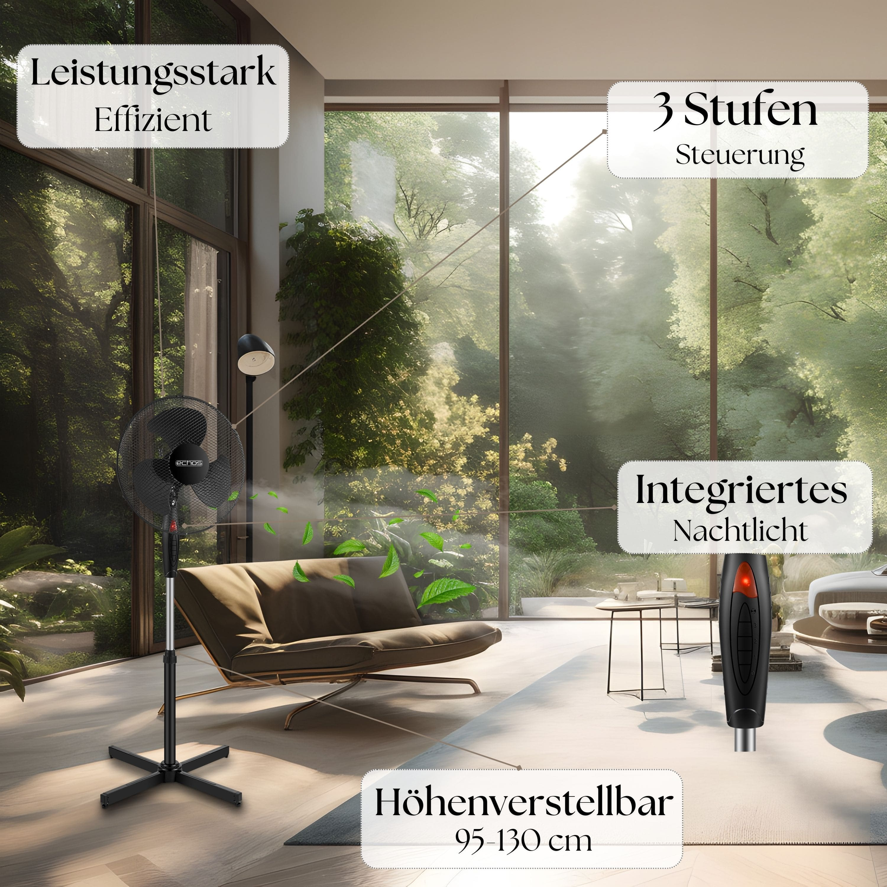 Schwarzer Ventilator in einem modernen Wohnzimmer. Textkennzeichnungen zeigen Funktionen wie Höhenverstellung und Nachtlicht.