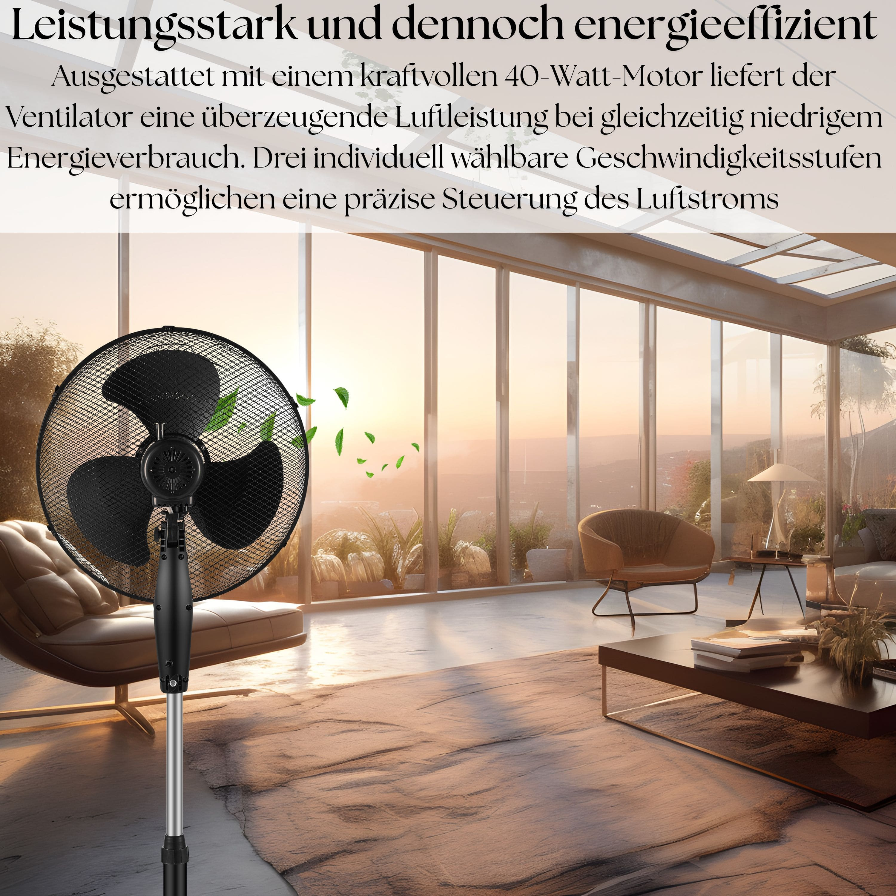 Ein schwarzer Ventilator in einem Raum mit einem großen Fenster, Text oben beschreibt die Eigenschaften des Ventilators.