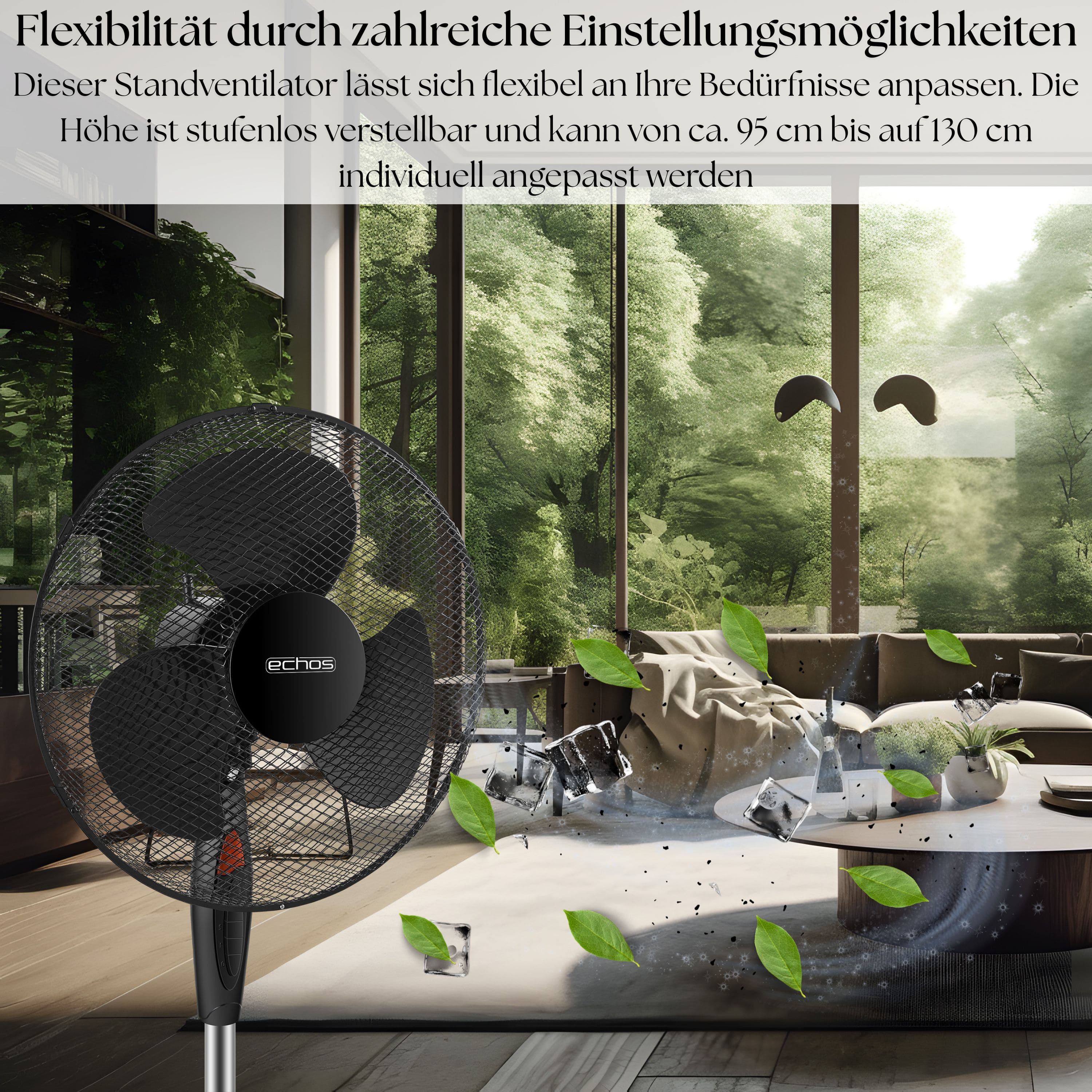 Schwarzer Standventilator mit Text über Verstellbarkeit und Raumansicht mit Blättern.