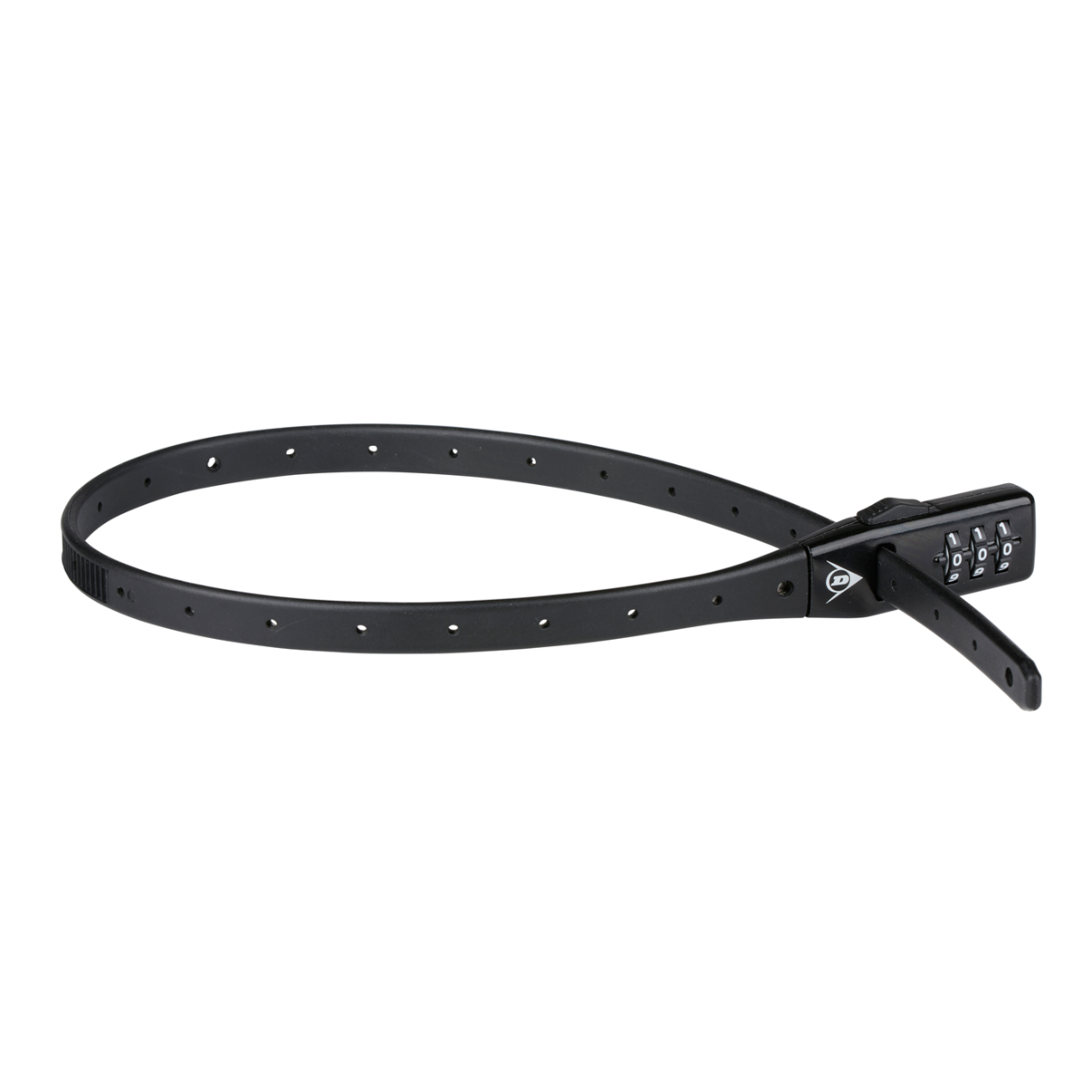 Een zwarte flexibele afsluitbare riem met een cijferslot en een sleutelgat, geïsoleerd op een witte achtergrond.
