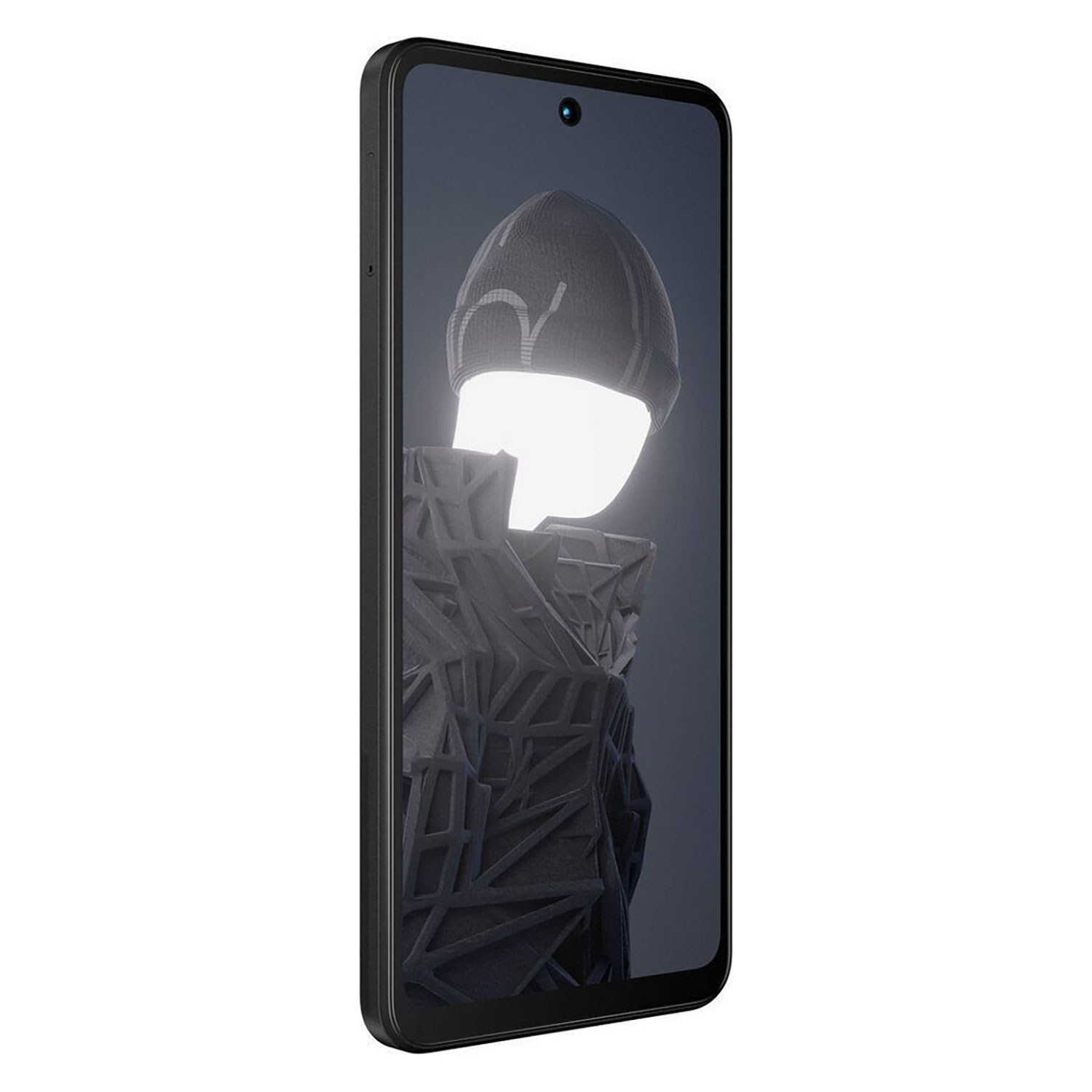 Smartphone mit futuristischer Figur mit leuchtendem Kopf und dunklem Outfit.