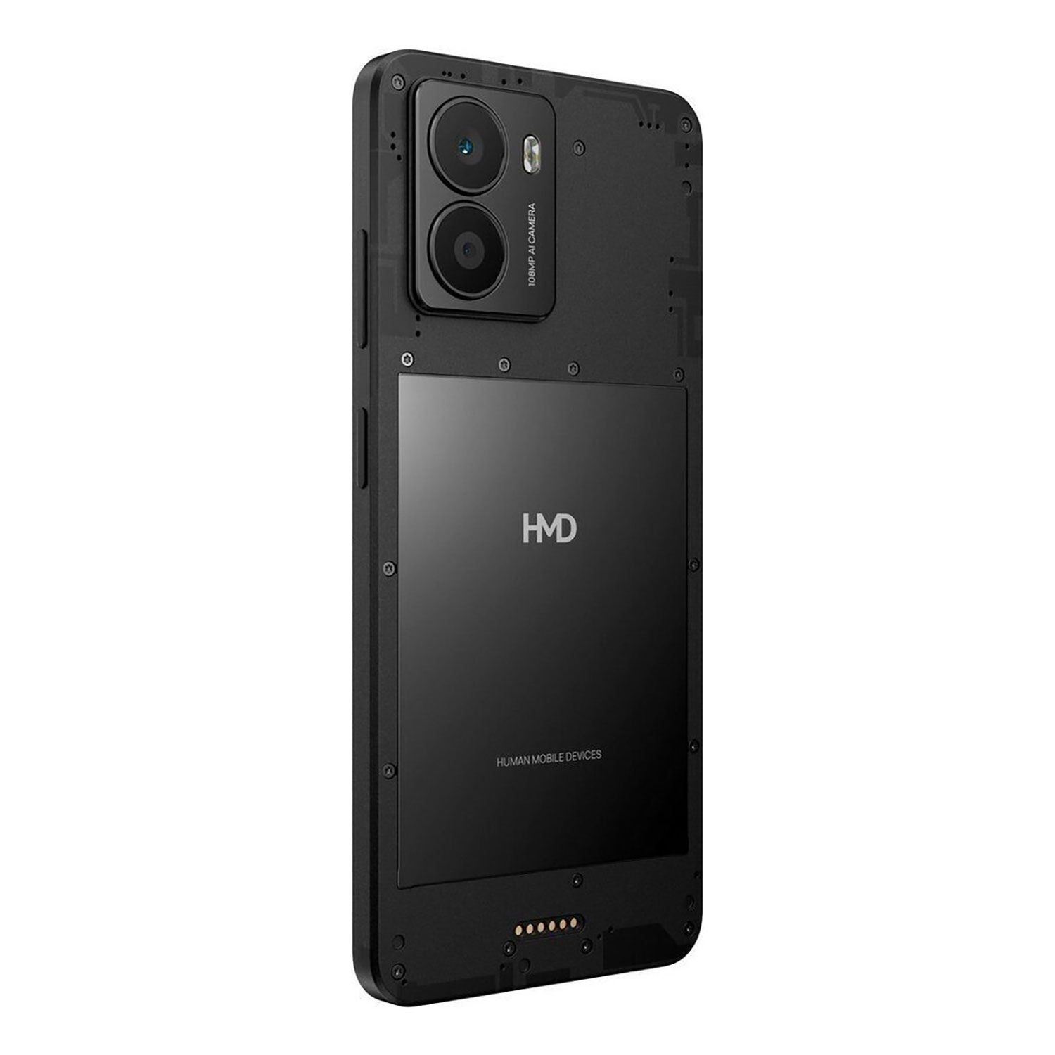 Schwarze Smartphone-Rückseite mit Kamera und HMD-Logo, mit Schrauben und detailliertem Design.