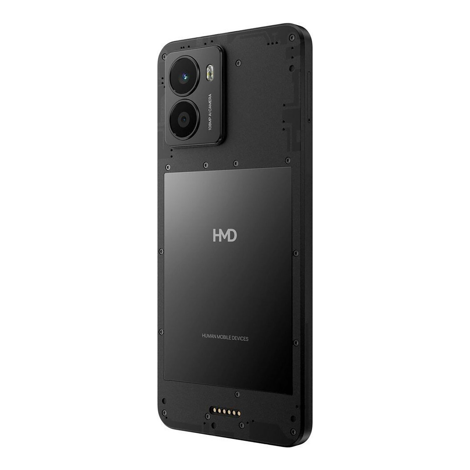 Schwarzes Telefon mit Kamerasystem. Die Rückseite zeigt das HMD-Logo. Weißer Hintergrund.