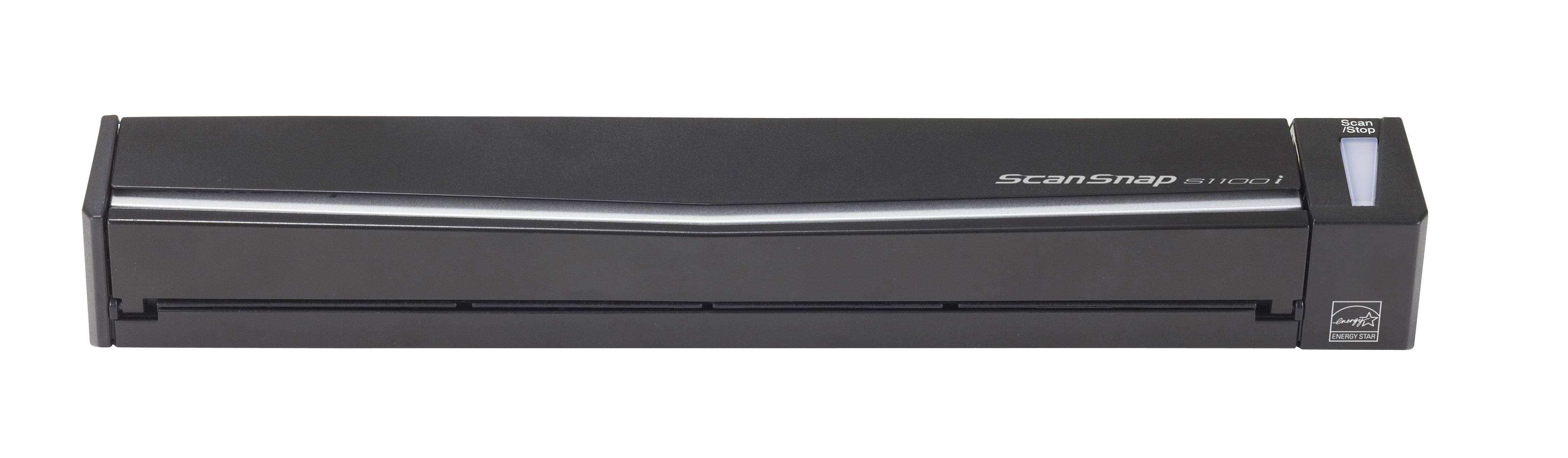 Uno scanner ScanSnap S1100i nero. È uno scanner piano con un pulsante Scan e Stop.