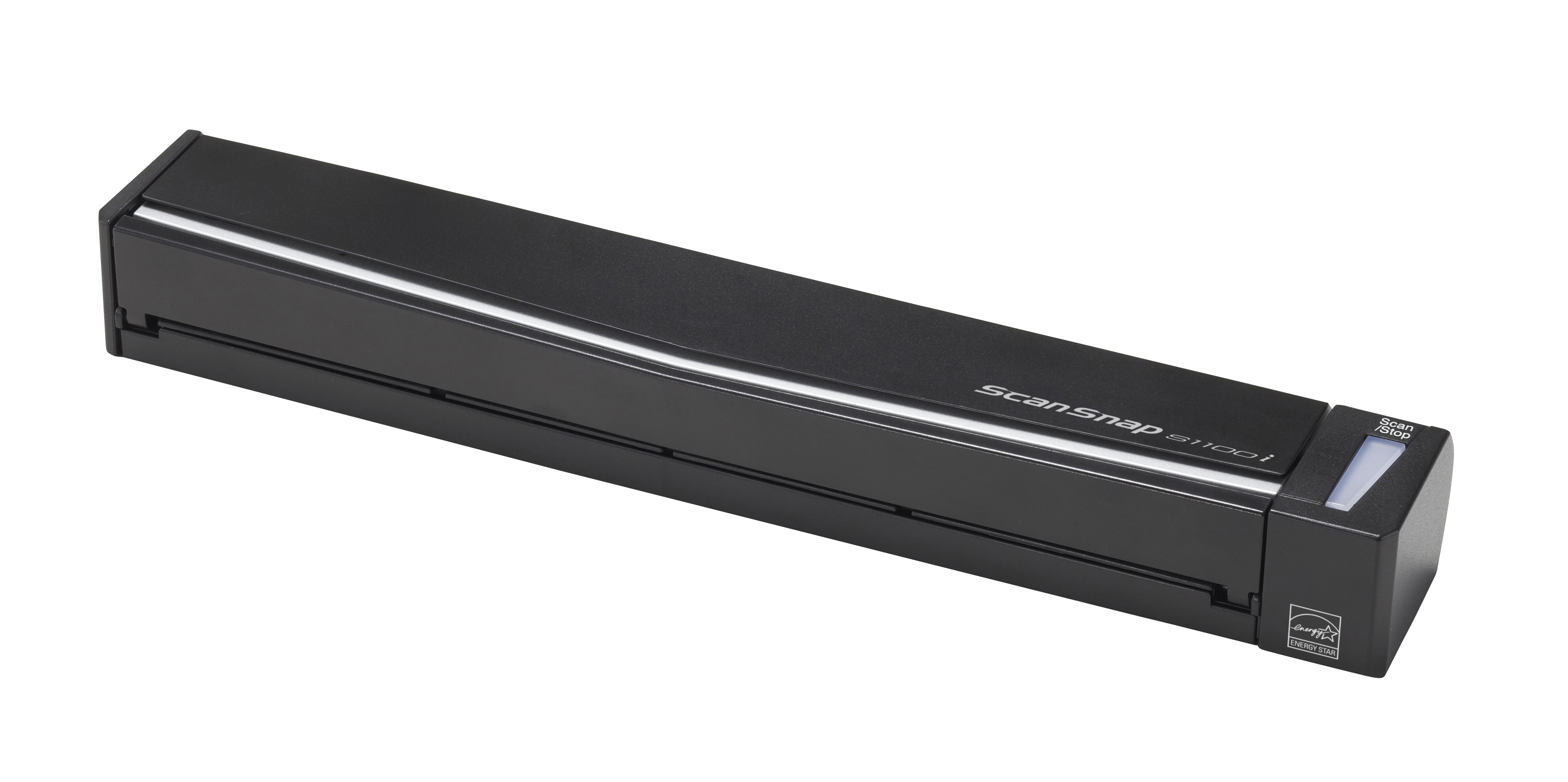 Uno scanner ScanSnap nero con una striscia bianca sopra. Ha un pulsante di accensione sul lato.