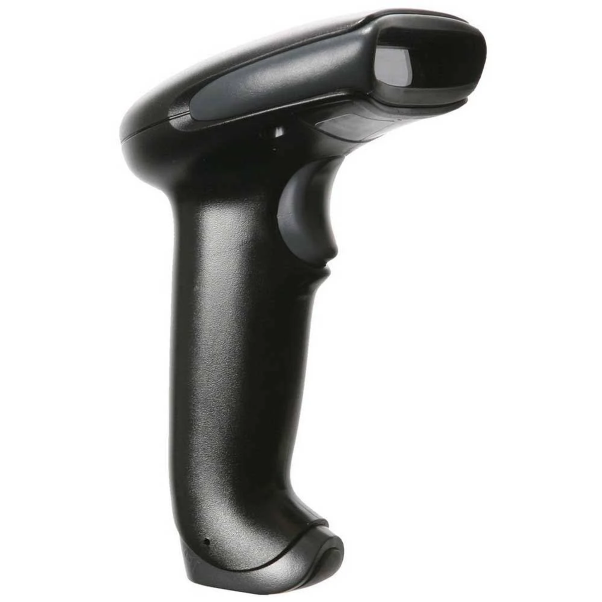 Czarny skaner kodów kreskowych. Ma uchwyt z spustem i głowicą skanującą.