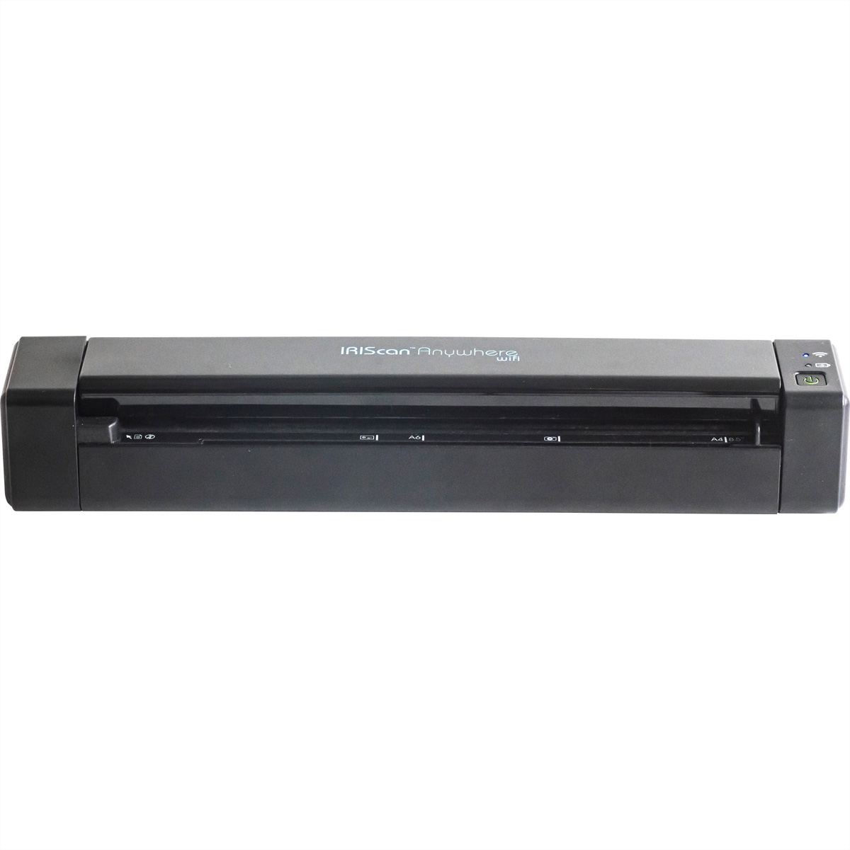 Uno scanner IRIScan Anywhere WiFi. È nero e ha uno slot per i documenti.