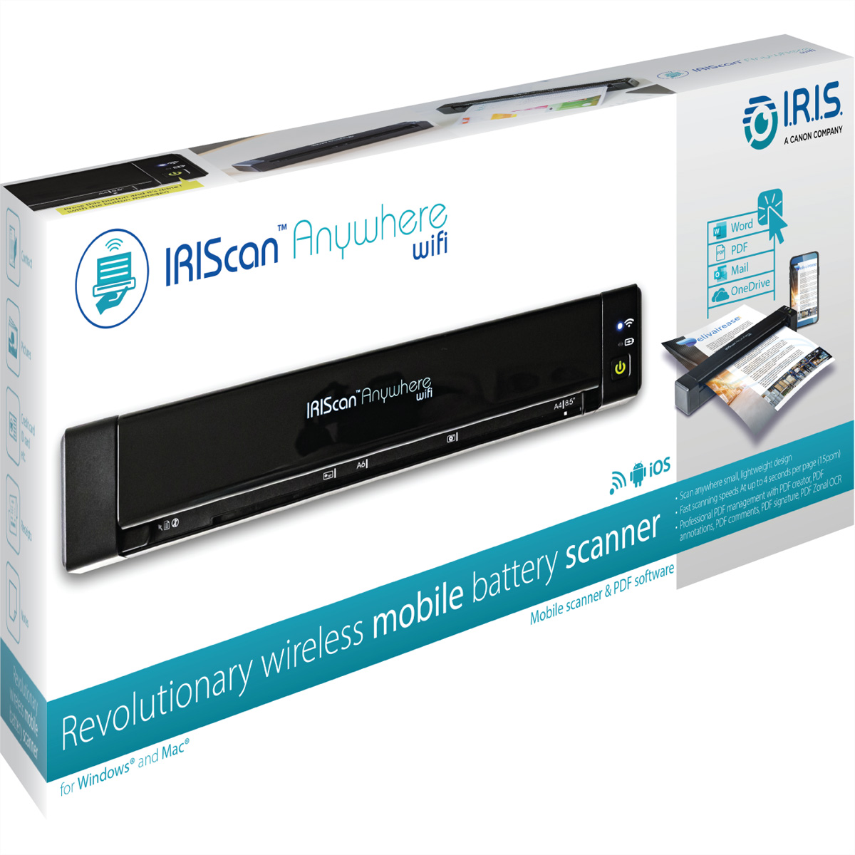Uno scanner IRIScan Anywhere wifi. Scatola bianca con lo scanner e gli accessori. Scanner mobile e software PDF.