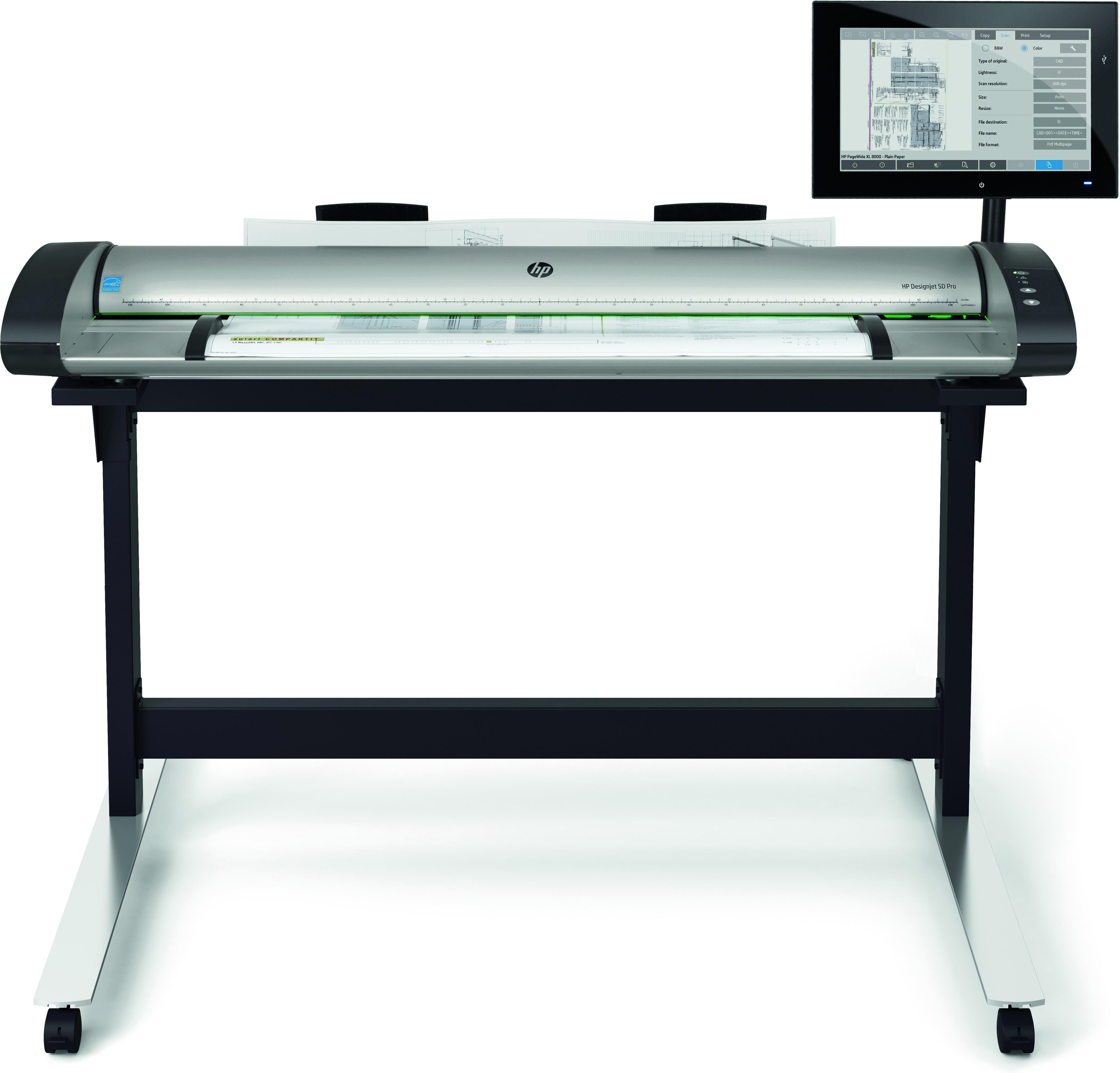 Uno scanner HP Designjet è su un supporto. C'è un monitor sul lato destro.