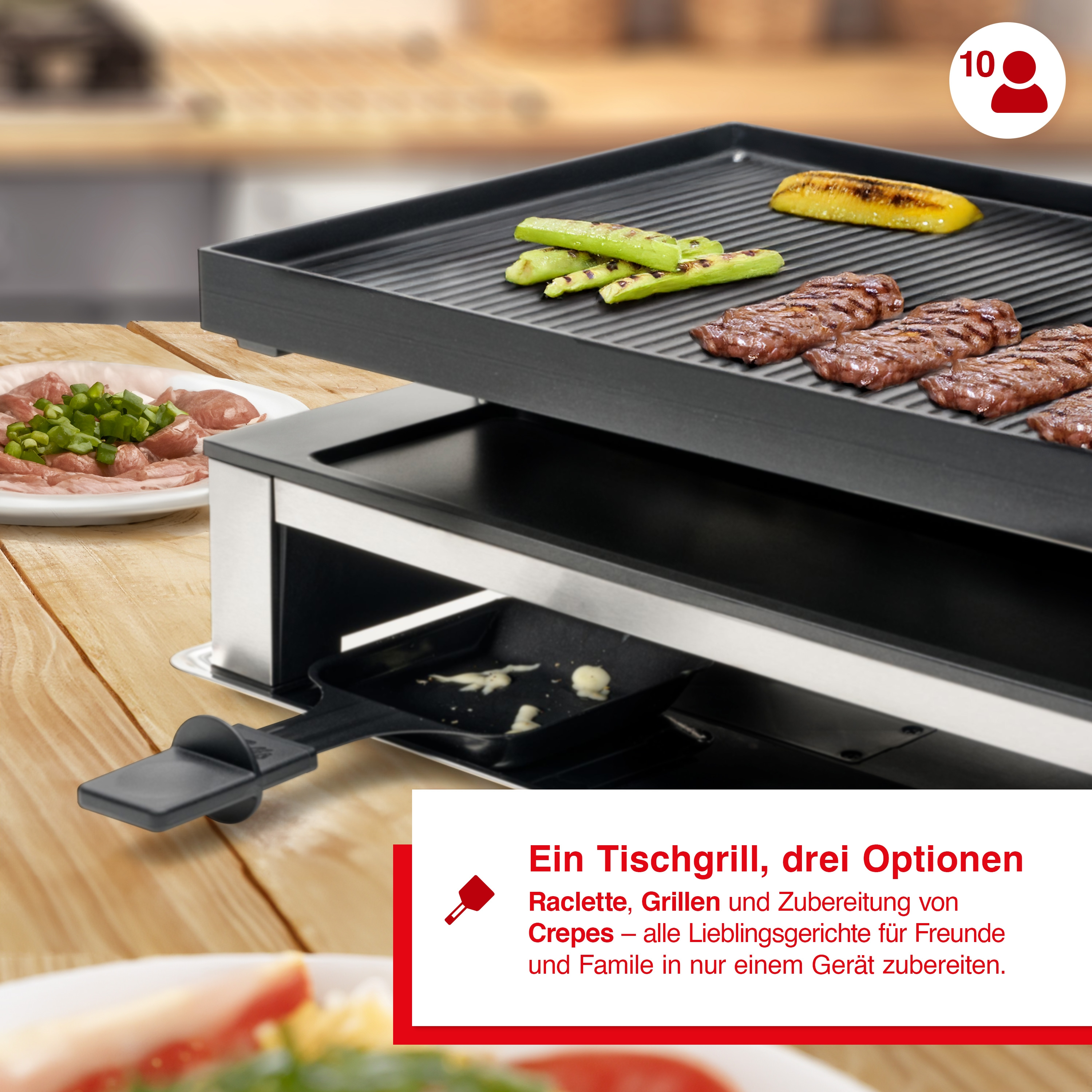 Ein Tischgrill mit Essen und einem Text auf Deutsch über Kochoptionen: Raclette, Grillen, etc.