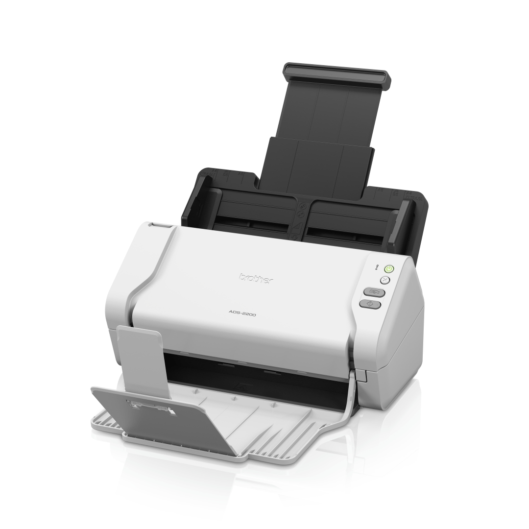 Scanner bianco Brother ADS-2200 con vassoi di ingresso e uscita aperti. Sezione superiore nera. Isolato su bianco.