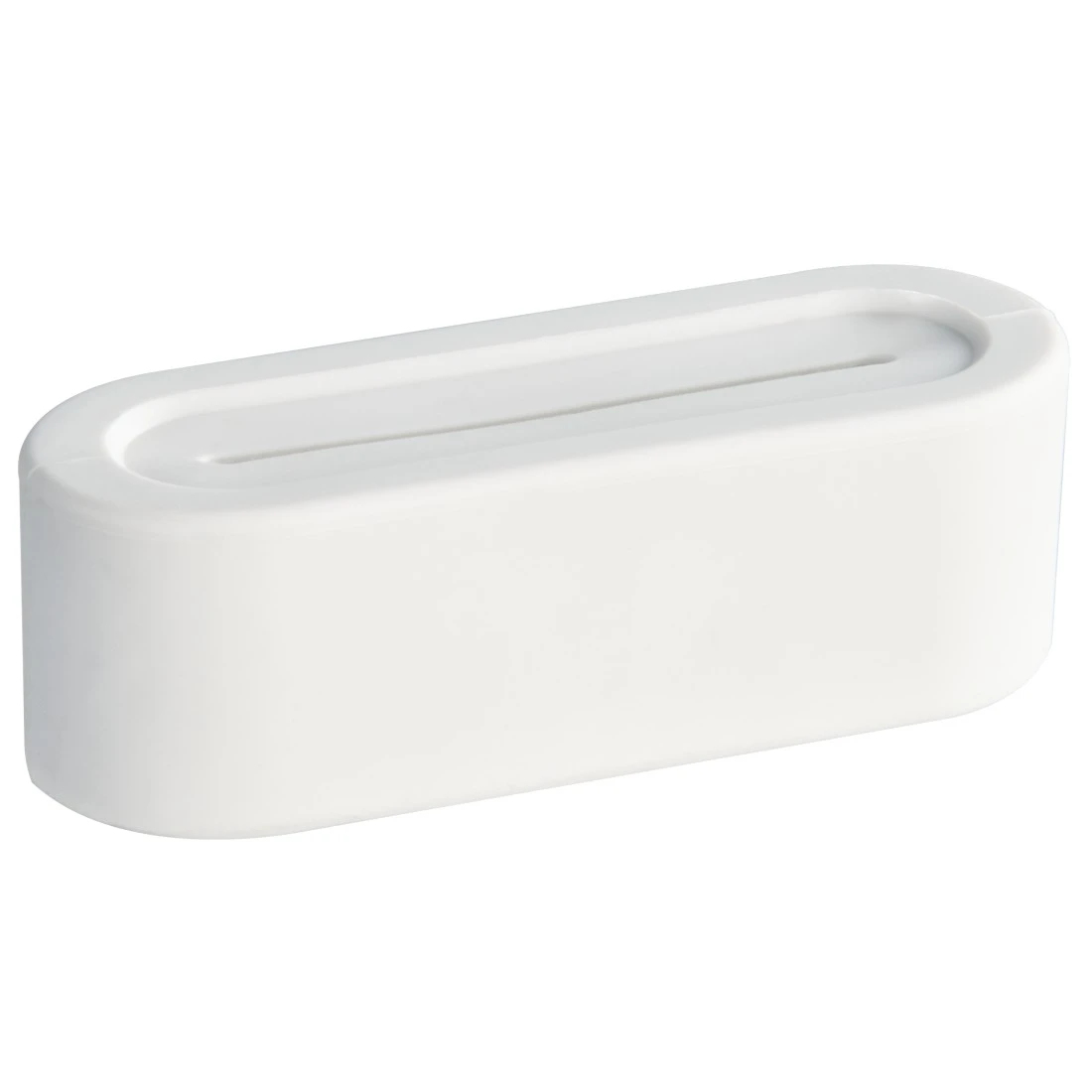 Contenitore bianco allungato con una fessura sulla parte superiore.
