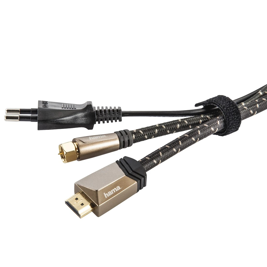 Trzy kable: czarny, złoty HDMI i złoty RCA. Obecny jest czarny pasek na rzep.