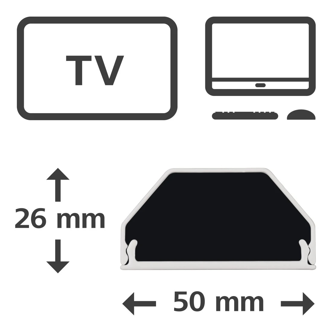 Schemat TV, monitora i wymiarów kanału kablowego: 26 mm x 50 mm. Białe tło.