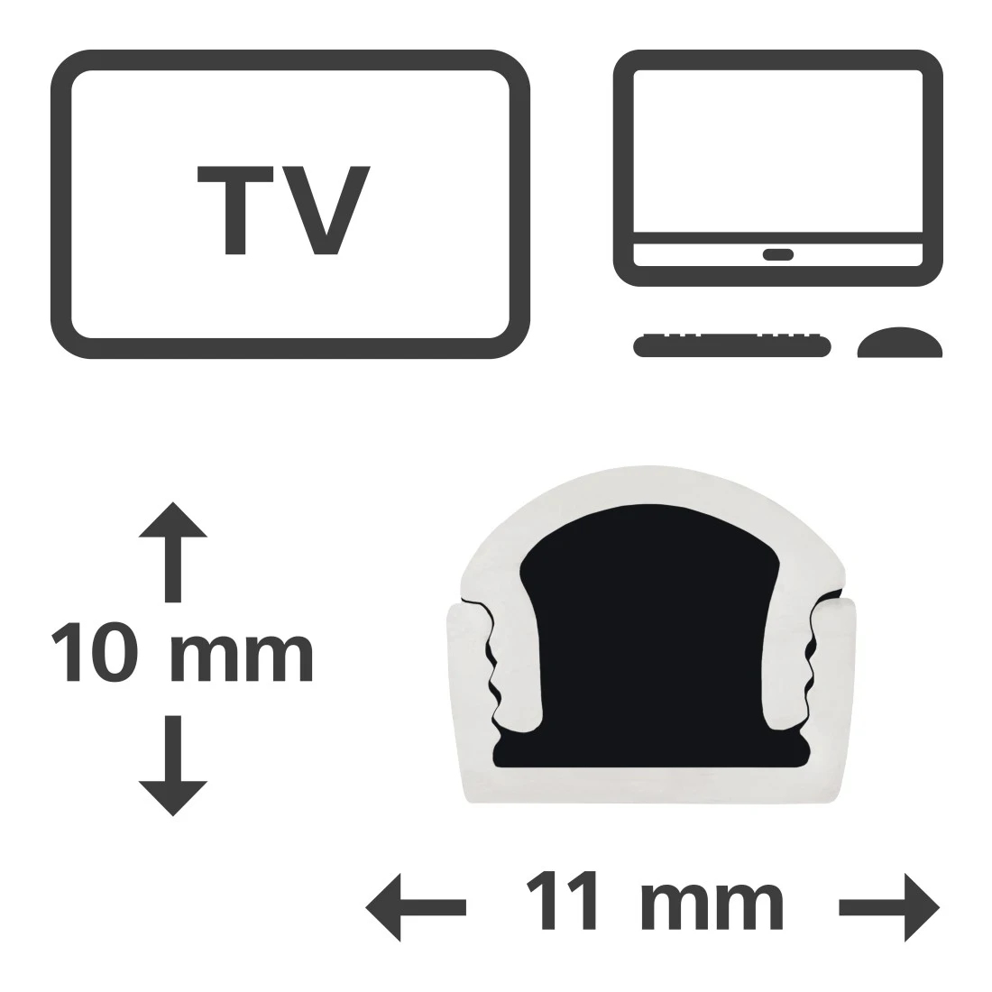 Schemat TV, monitora i wymiarów kanału kablowego: 10 mm x 11 mm. Białe tło.