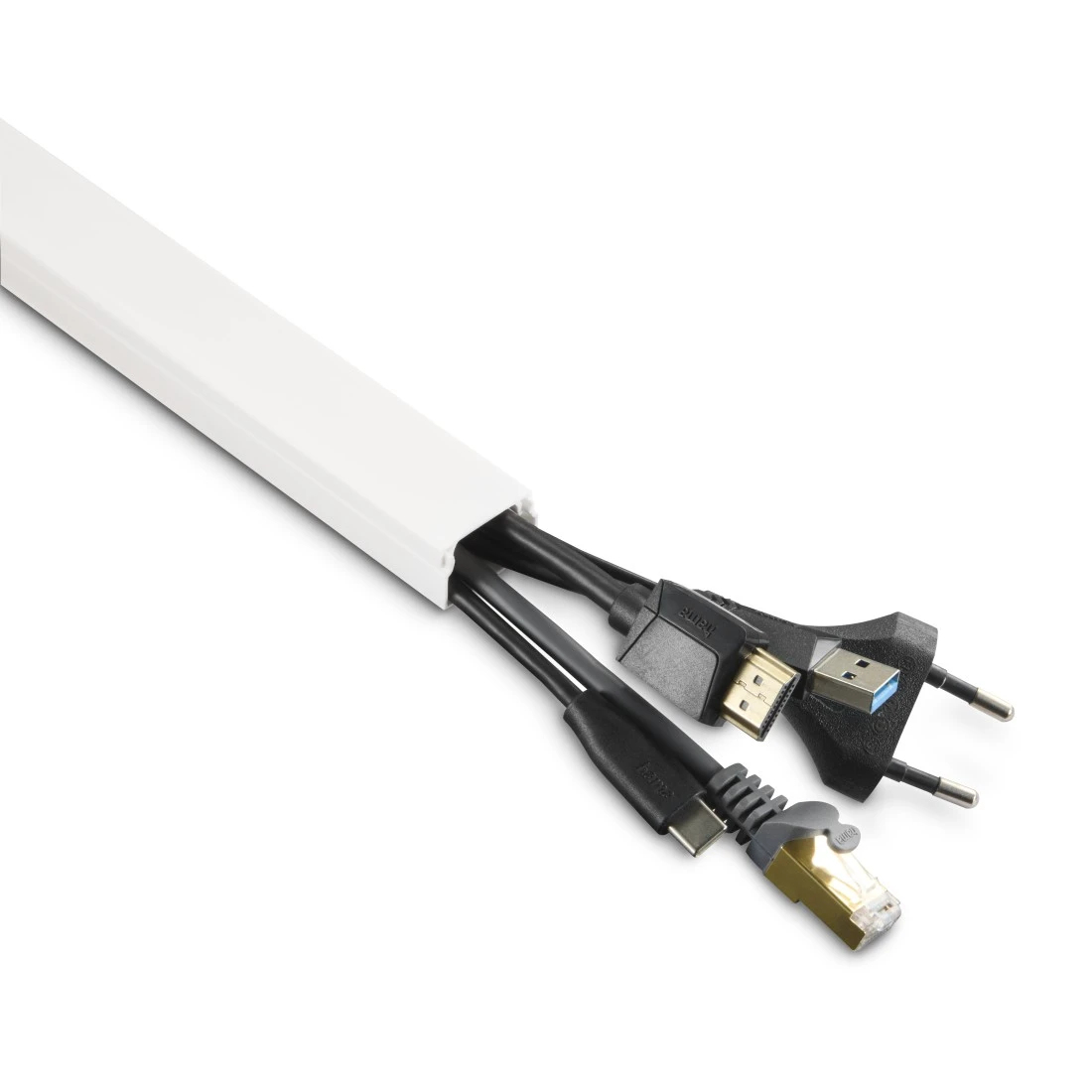 Canalina bianca con cavi: HDMI, USB, RJ45 e alimentazione.