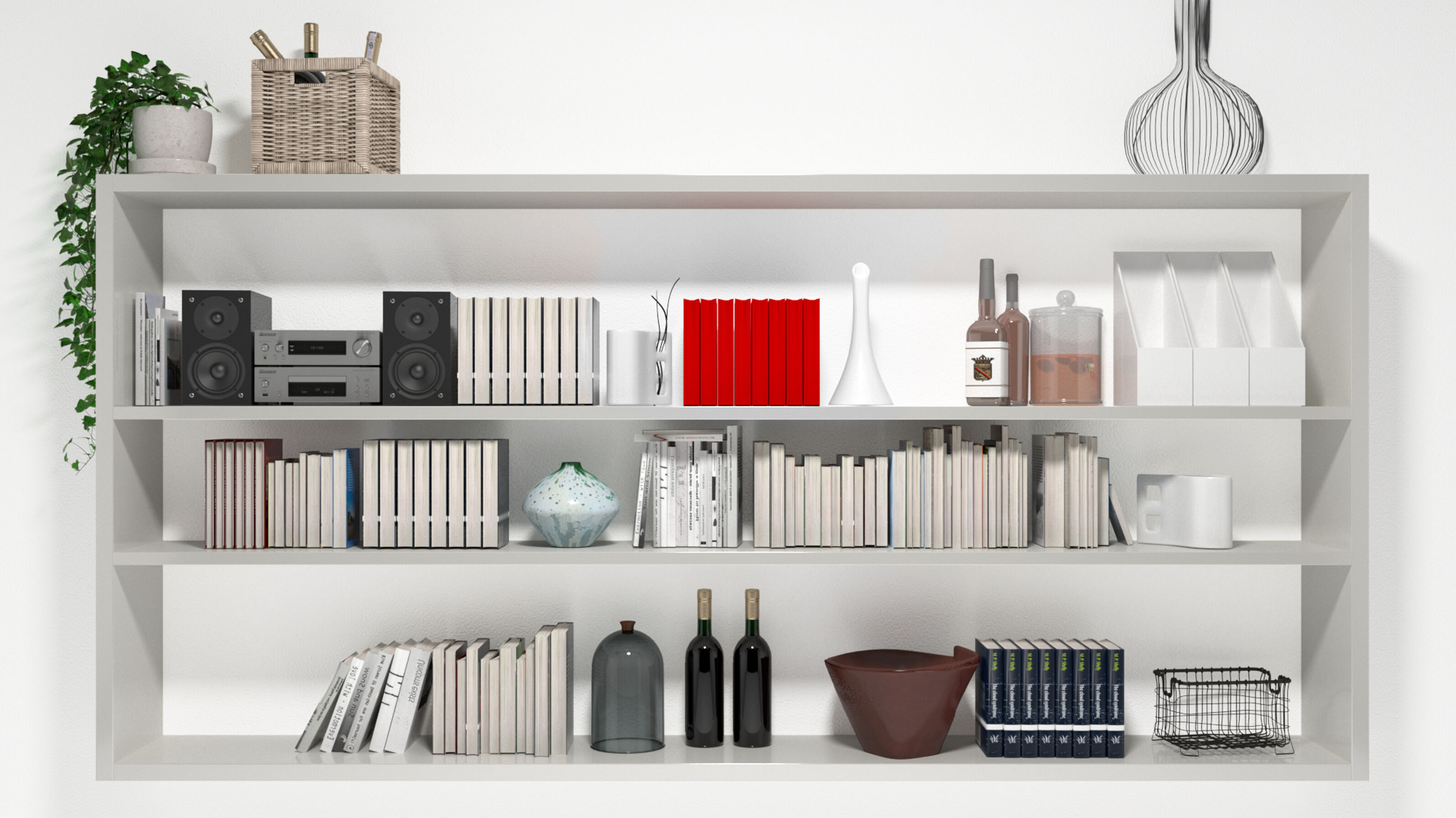 Witte planken gevuld met boeken, speakers en decor. Verschillende objecten.