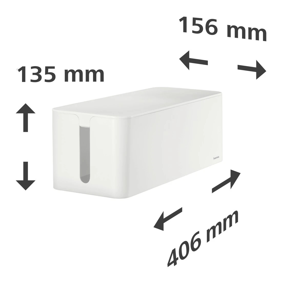 Scatola cavi bianca con dimensioni. Frecce indicano 135 mm, 156 mm e 406 mm.