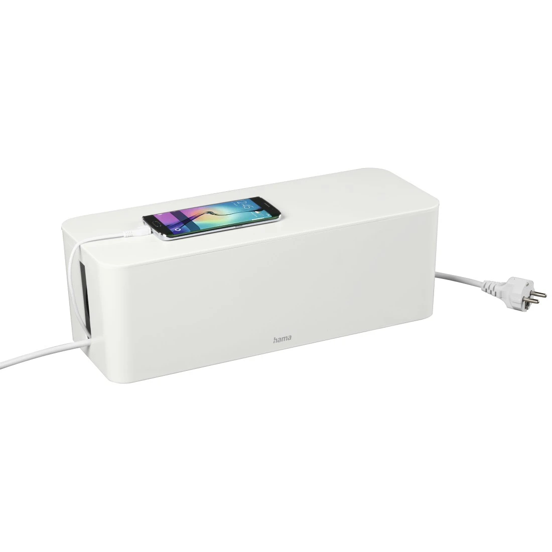 Scatola cavi bianca con telefono sopra. Cavo e spina bianchi collegati.