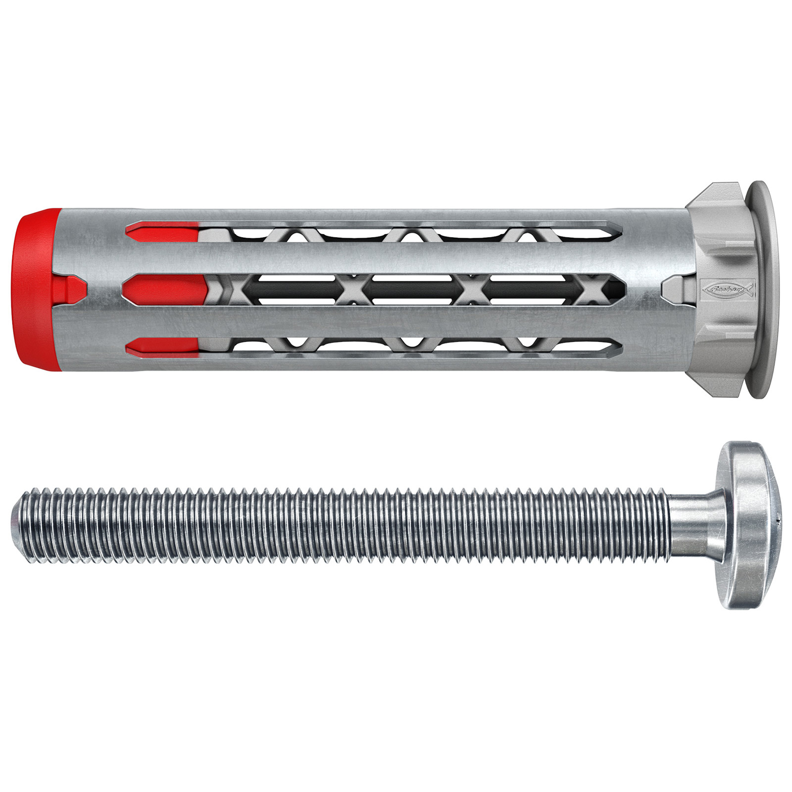 Srebrno-czerwona kotwa śrubowa ze śrubą na białym tle.