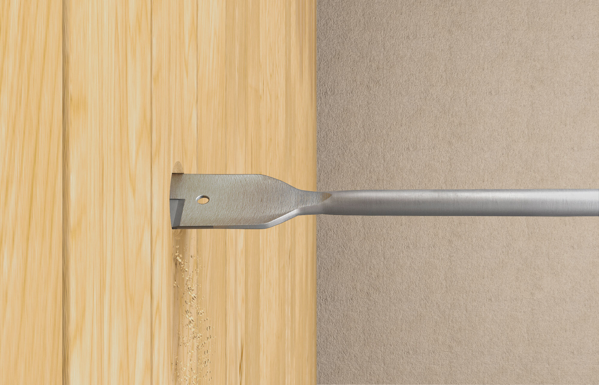 Un cincel metálico quita madera de una superficie de madera. El fondo es beige.