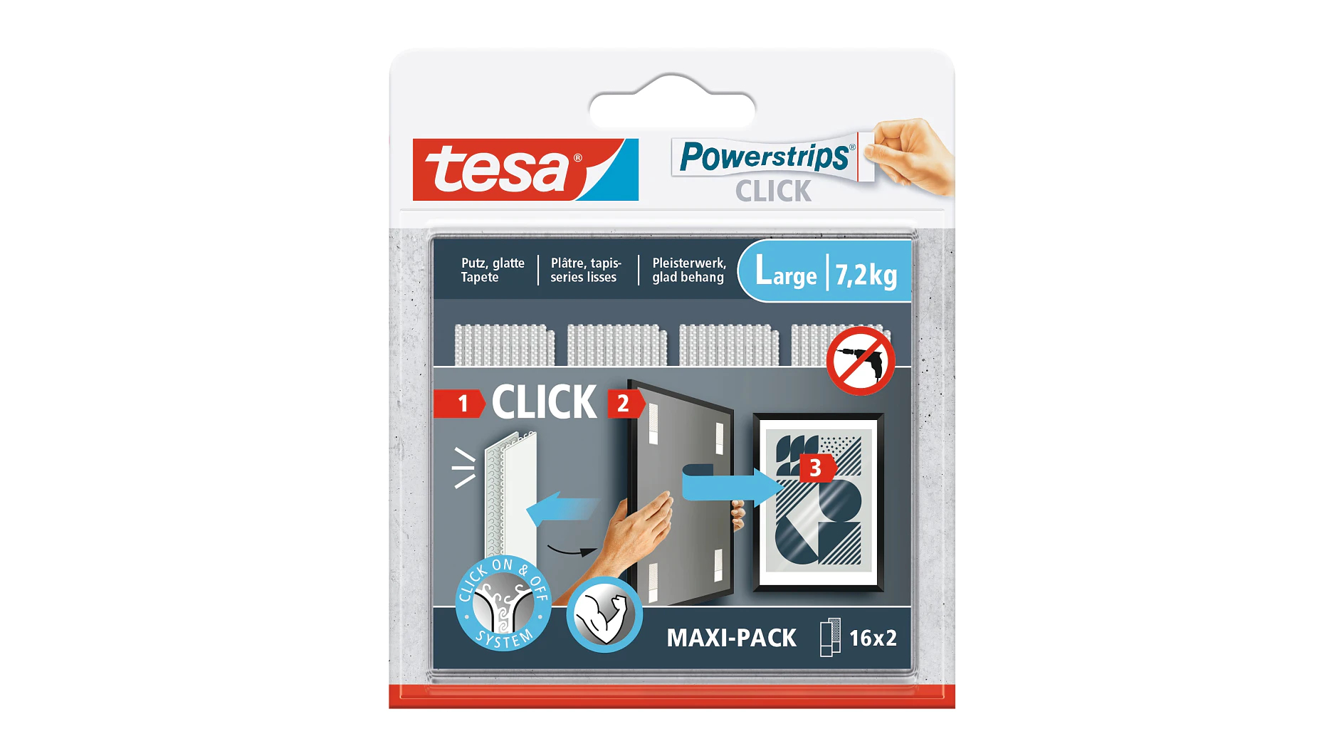 Confezione per tesa Powerstrips adesive grandi. Mostra come usarle per appendere oggetti.