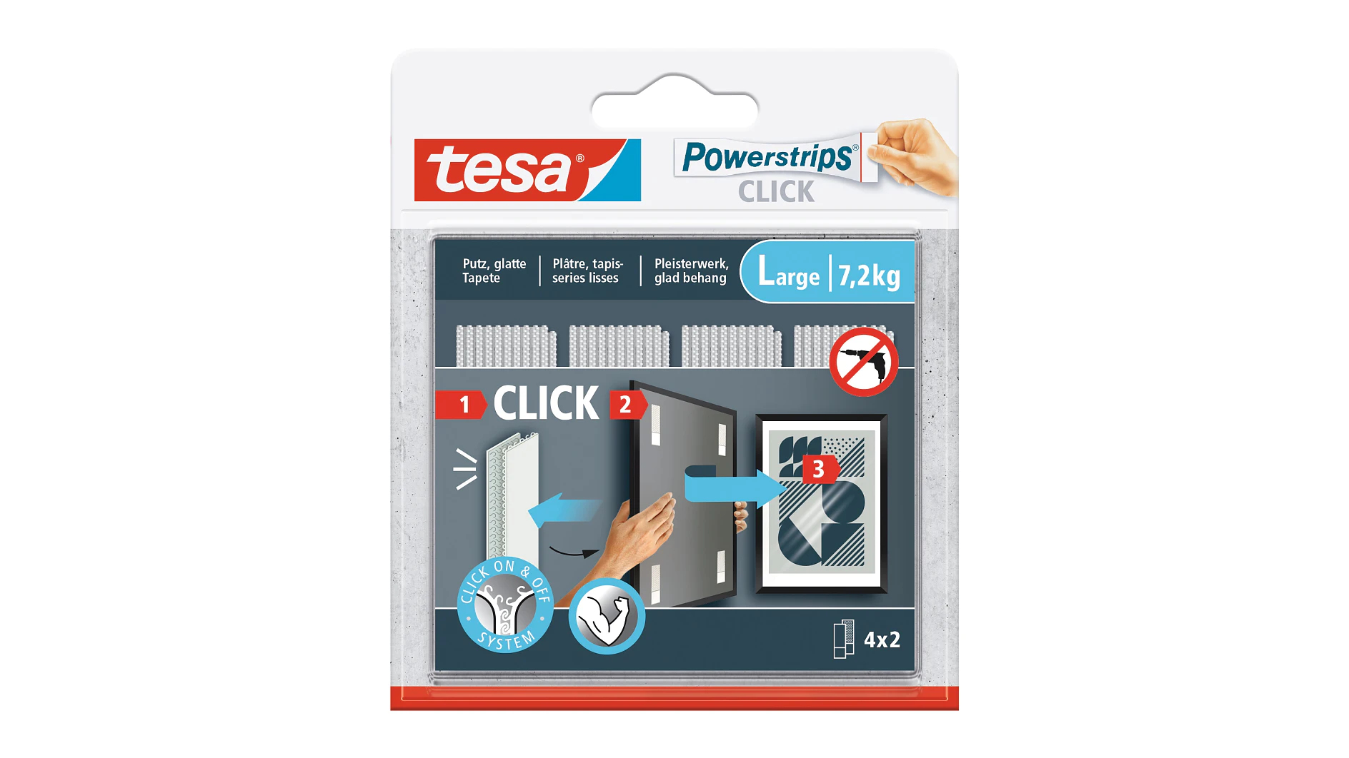 Verpackung von tesa Powerstrips CLICK mit Anweisungen und Produktdetails.