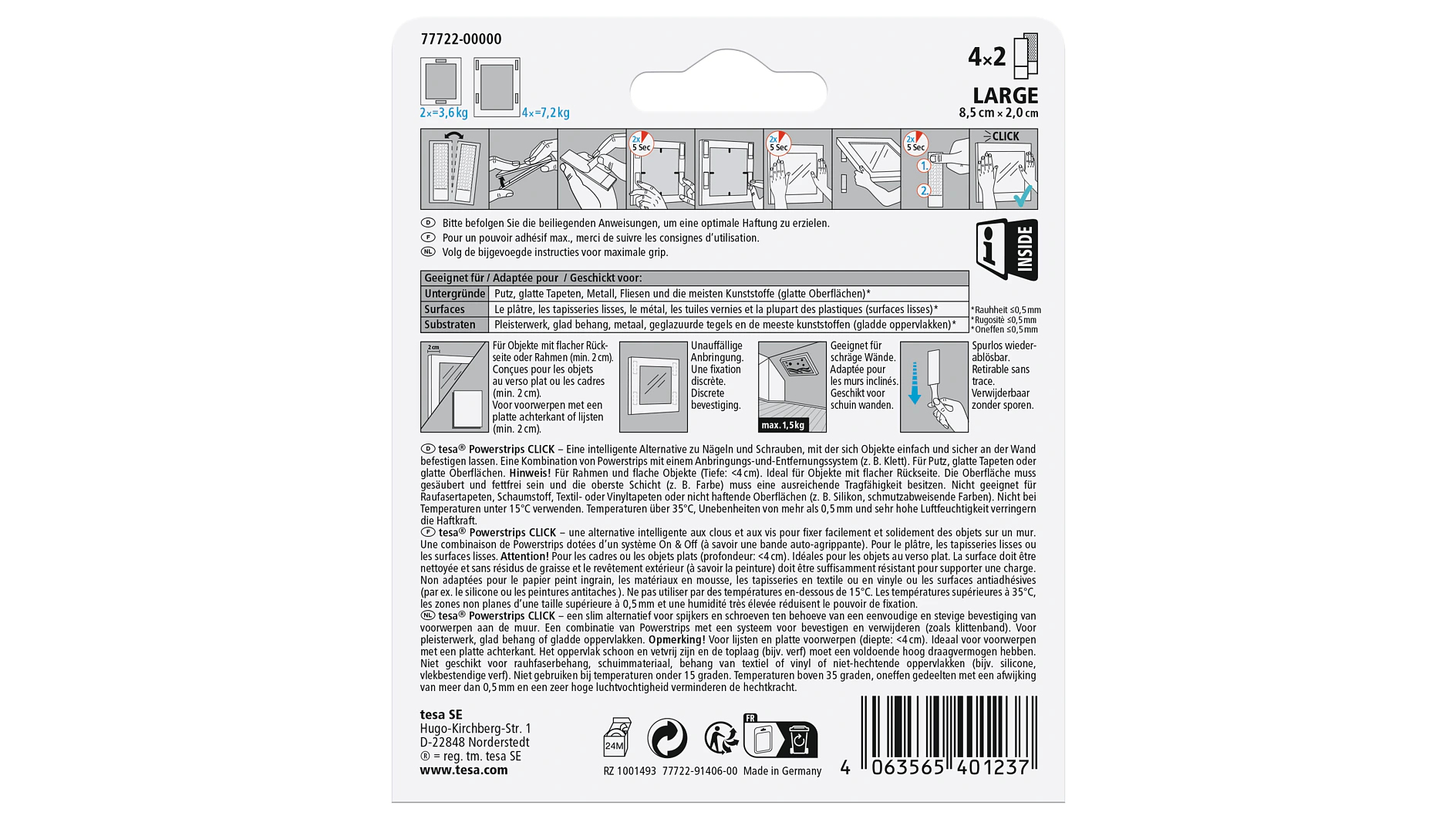 Verpackung für tesa Powerstrips CLICK, zeigt Produktdetails und Anweisungen.