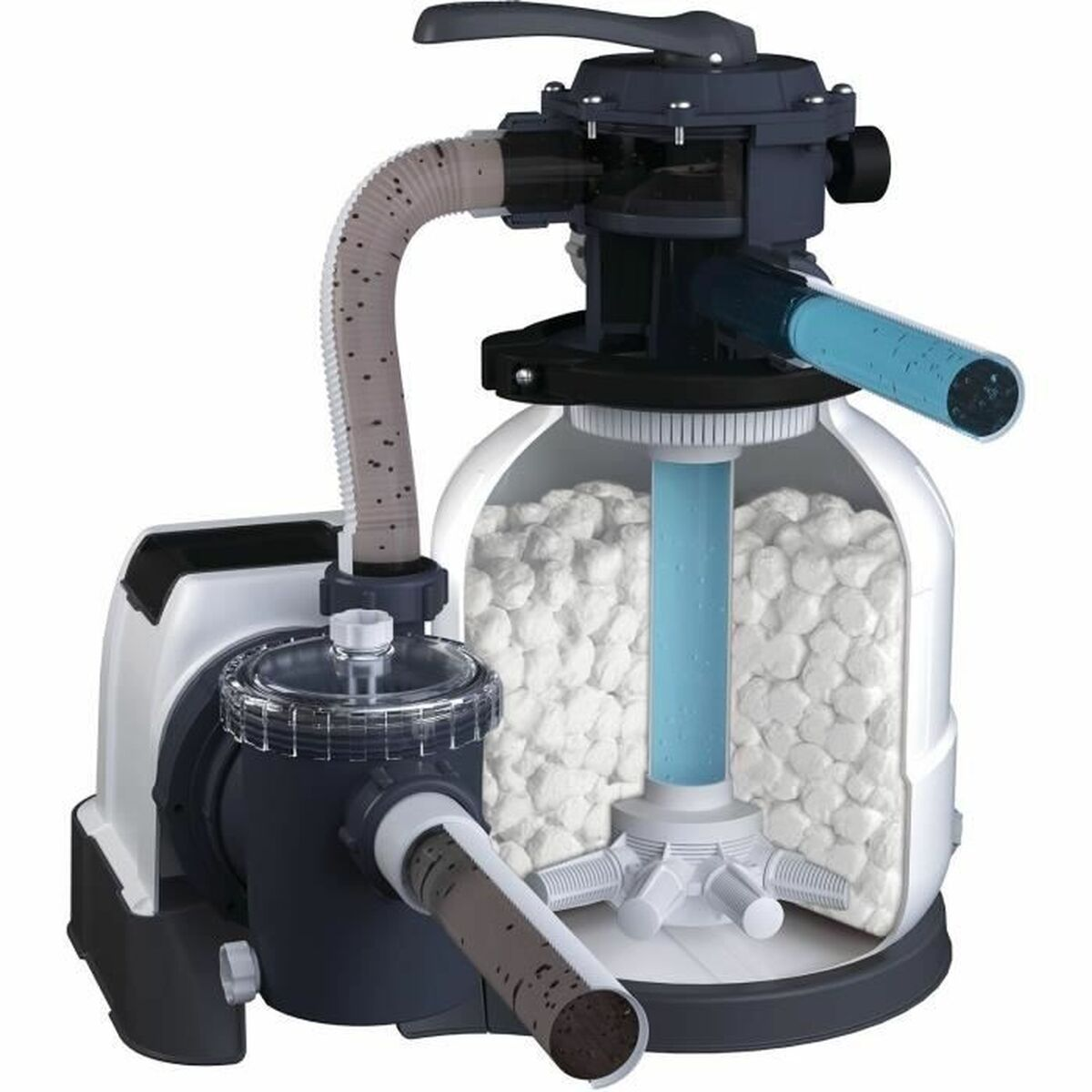Zwembadfiltersysteem met een doorsnede. Toont pomp, filter met witte ballen en slangen.