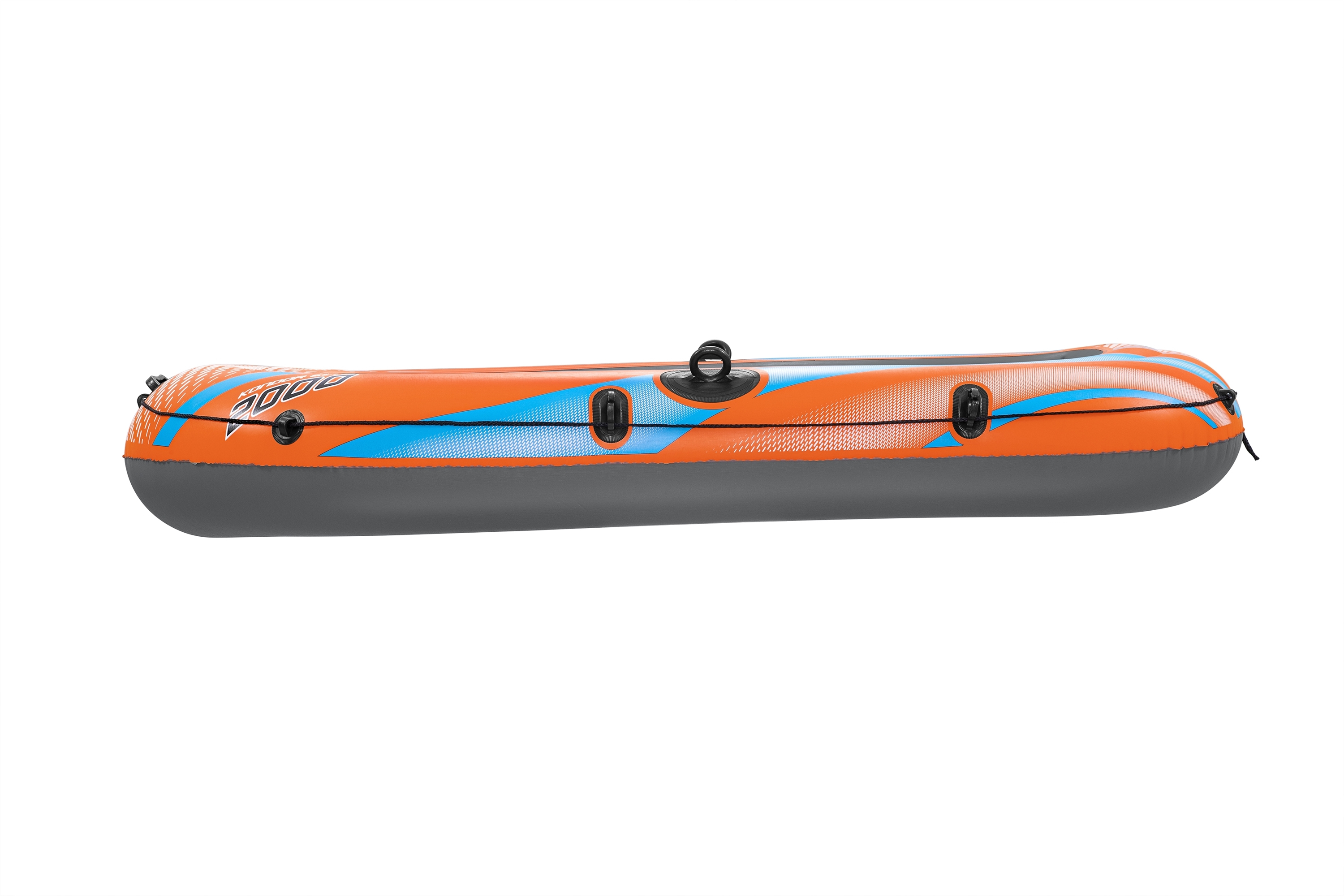 Orange und graues aufblasbares Boot mit blauen Akzenten, vor weißem Hintergrund.