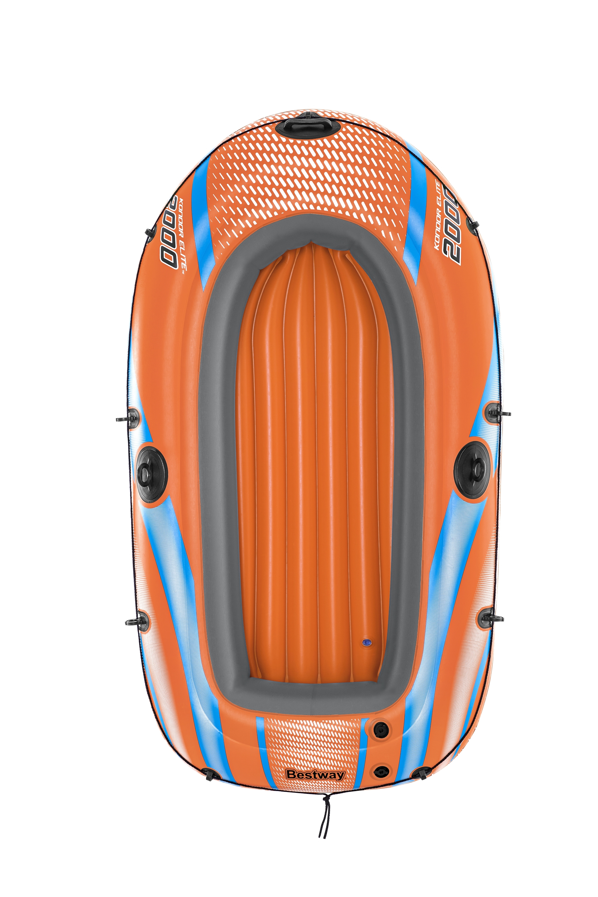 Draufsicht auf ein orangefarbenes Schlauchboot mit grauen und blauen Akzenten auf Weiß.