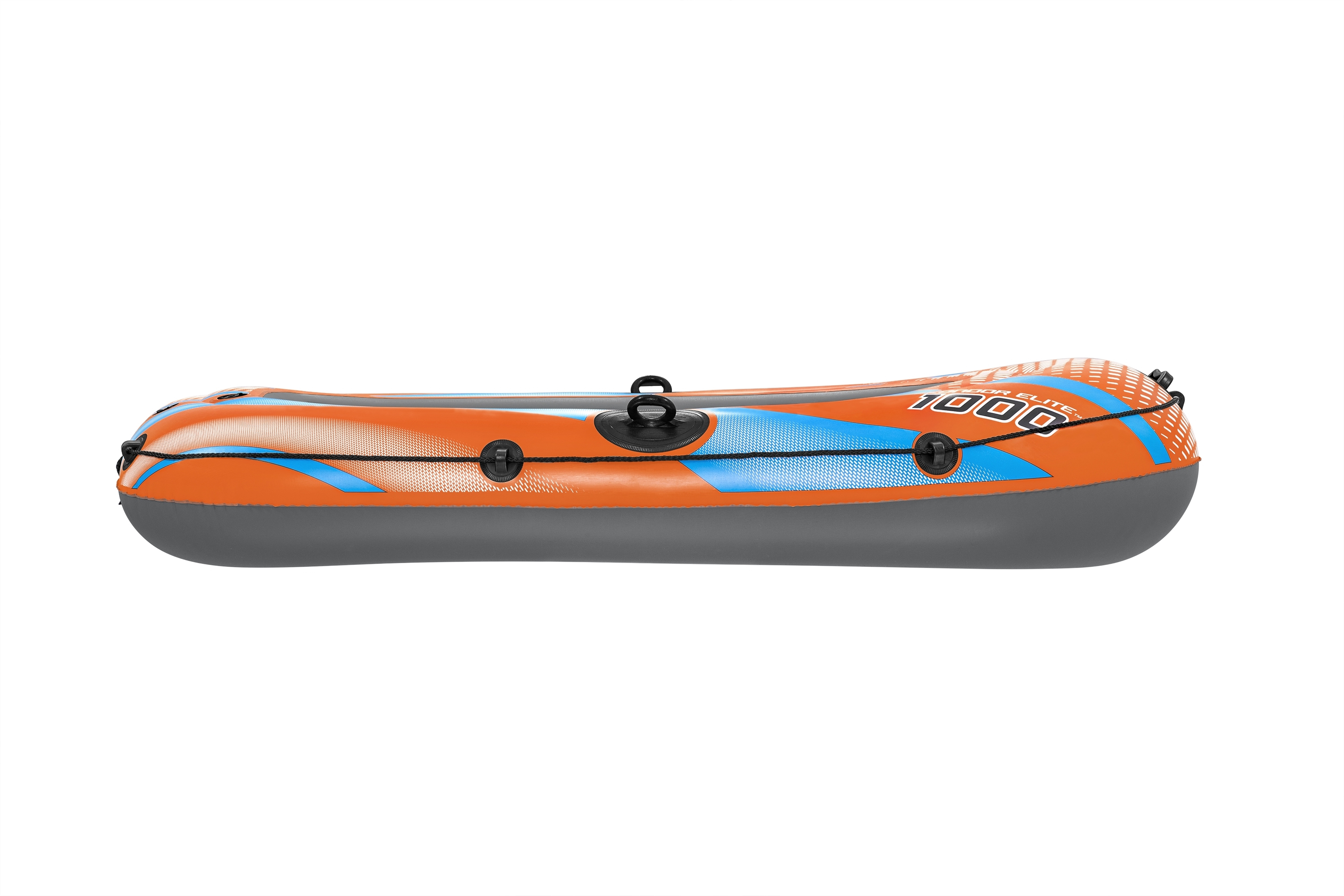 Orange und graues Schlauchboot mit blauen Akzenten vor weißem Hintergrund.